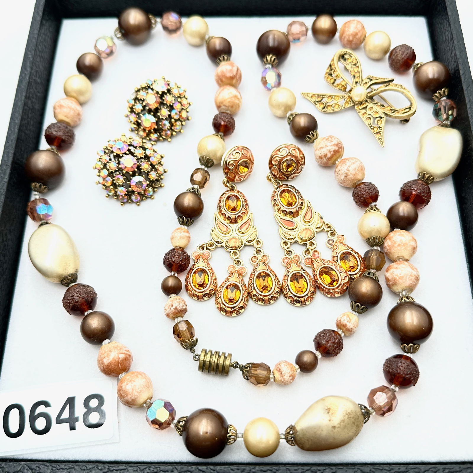 Vintage Jewelry Group Lot Amber Colored Rhinestone Earrings Brooch Glass Bead Necklace (1 of 2)