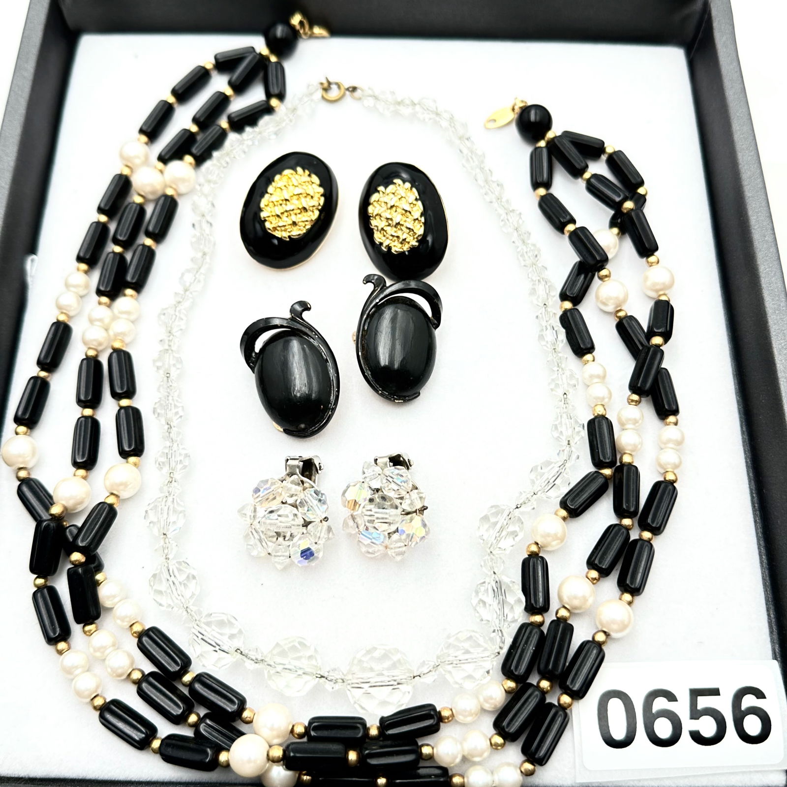Vintage Jewelry Group Lot Vintage Trifari Bladck Earrings Older Glass Necklace Black Pearl Multi: Vintage Jewelry Group Lot Vintage Trifari Bladck Earrings Older Glass Necklace Black Pearl Multi Strand Necklace
