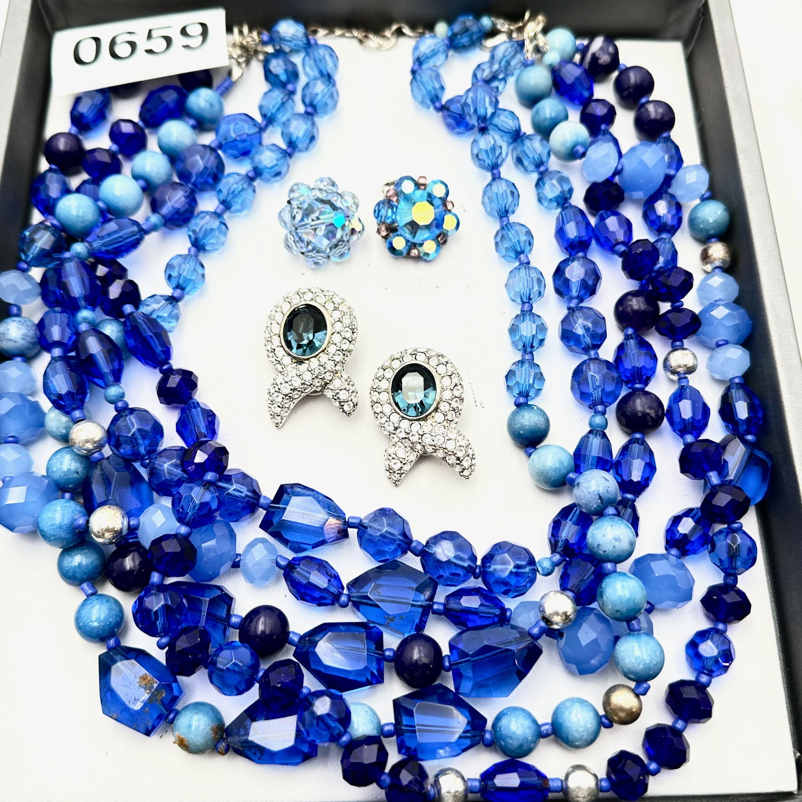 Vintage Jewelry Group Lot Blue Glass Bead Necklace Rhinestone and Aurora Borealis Clip Earrings (1 of 2)