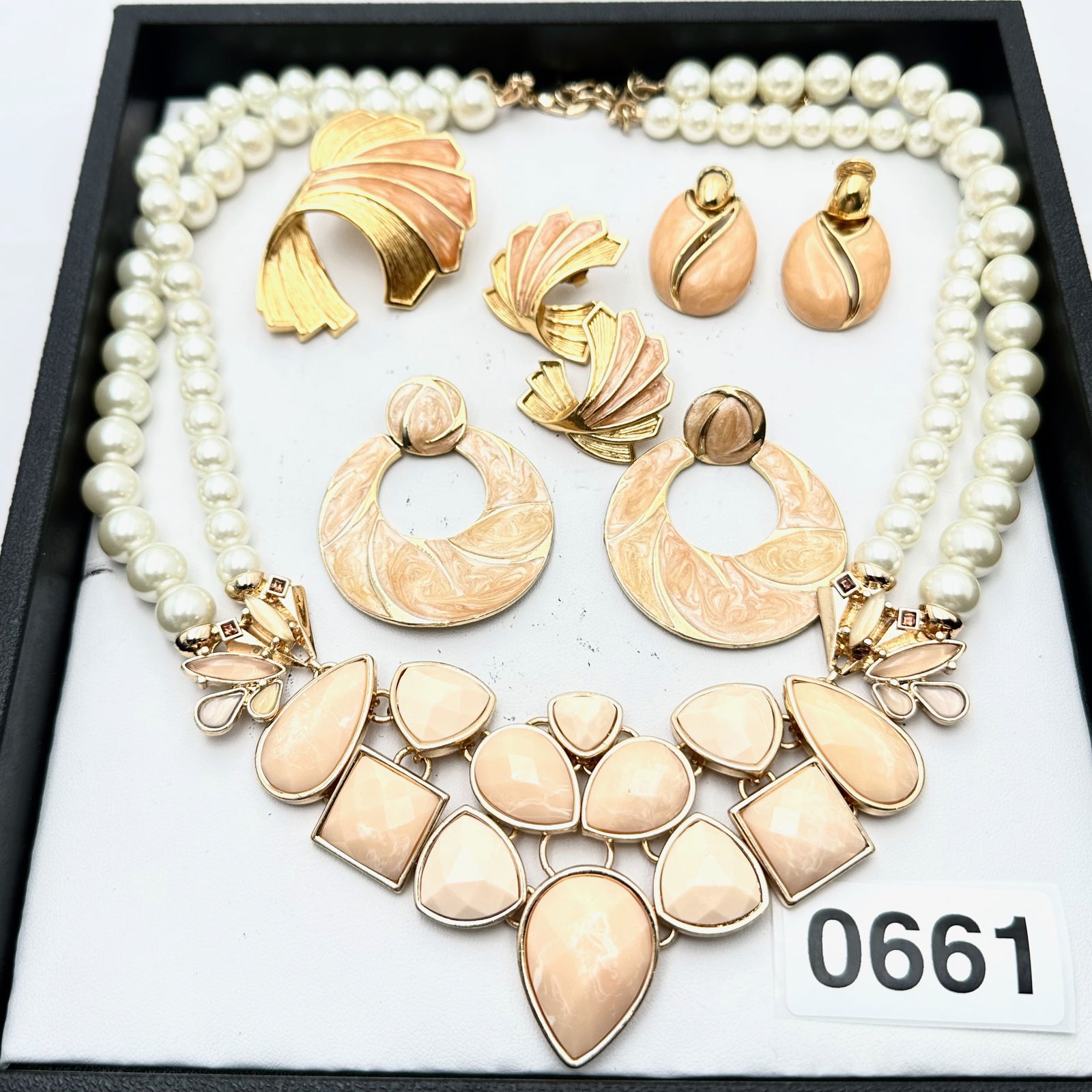 Vintage Jewelry Group Lot Vintage Peach Enamel Gold Tone Earrings Scarf Clip Statement Necklace (1 of 2)