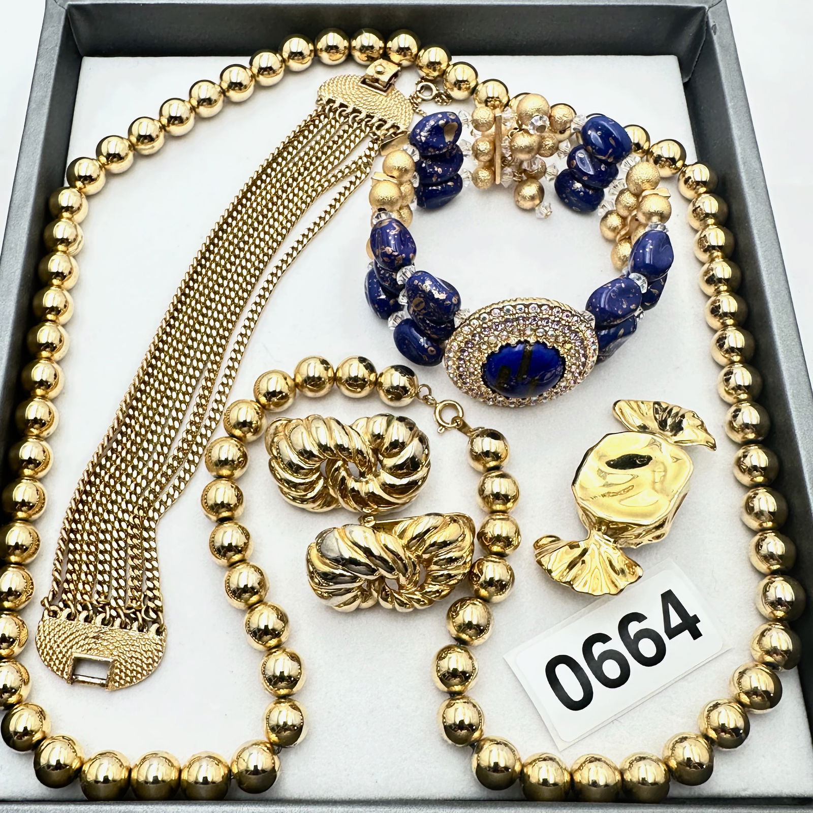 Vintage Jewelry Group Lot Vintage Gold Tone Bead Necklace Monet Bracelet Clip Earrings Blue Glass: Vintage Jewelry Group Lot Vintage Gold Tone Bead Necklace Monet Bracelet Clip Earrings Blue Glass Coil Bracelet