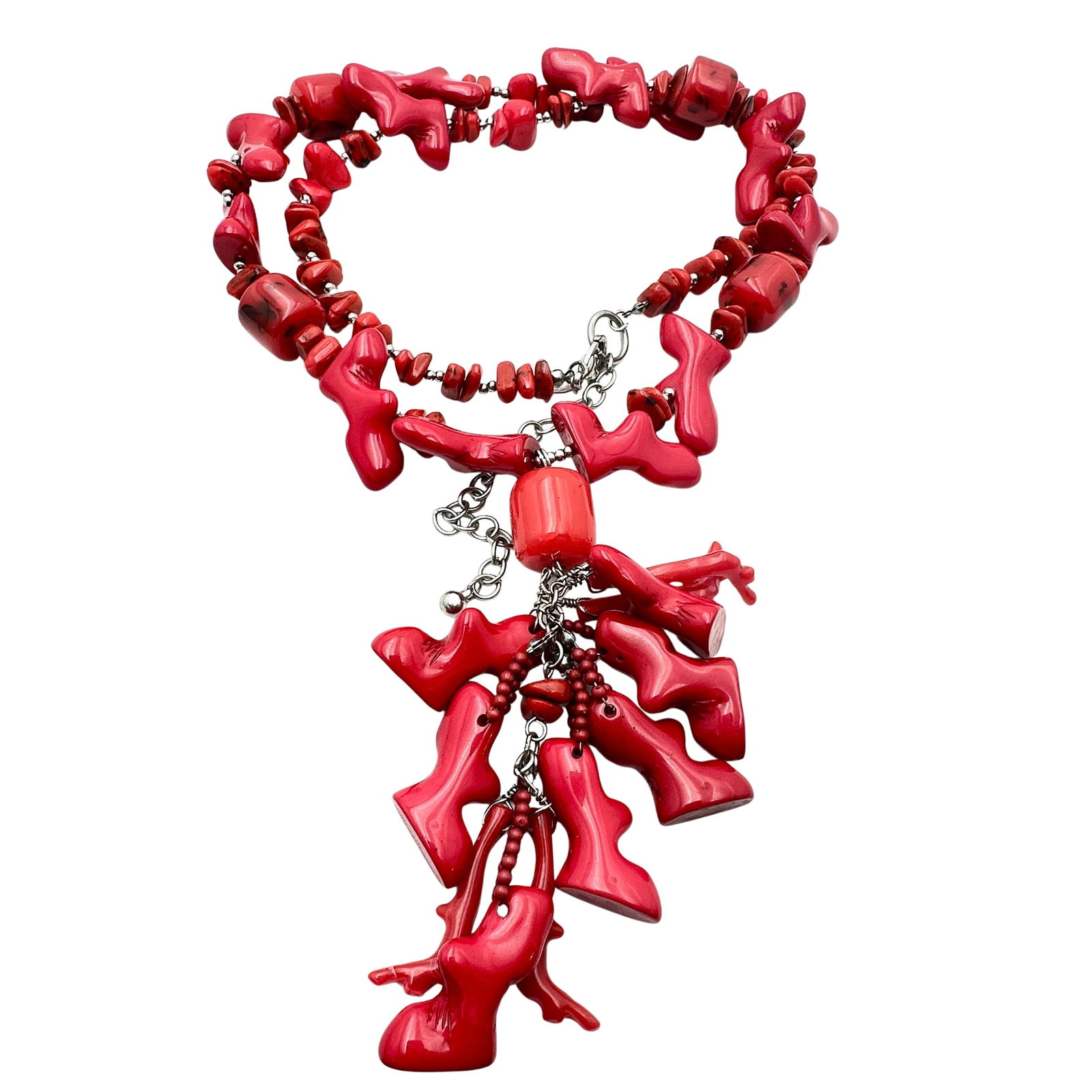 Large Red Coral Costume Statement Necklace Silver Tone 28 to 30 Inch Nice Quality (1 of 2)