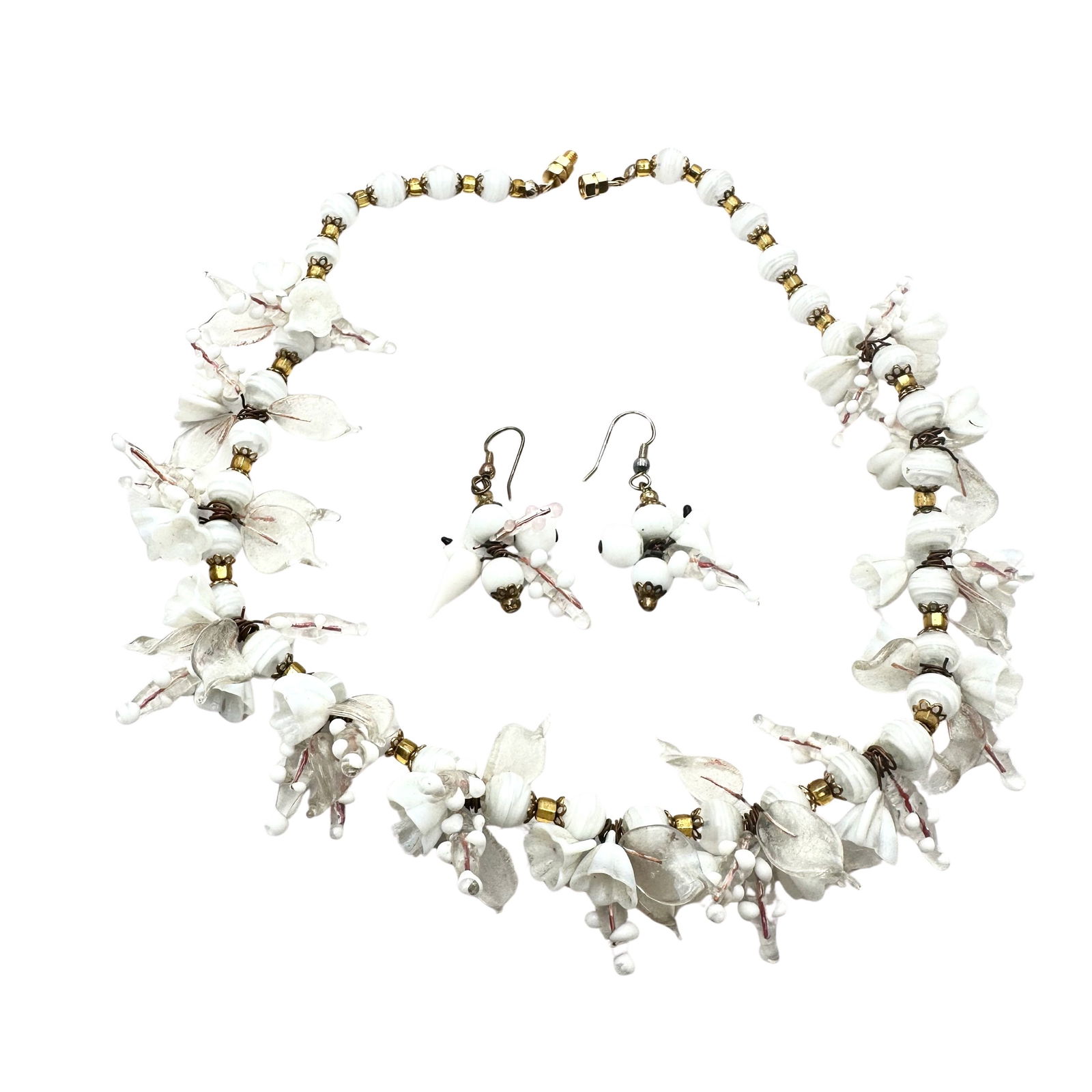 Antique White and Clear Glass Necklace Flowers Birds 16 Inch Vintage: Antique White and Clear Glass Necklace Flowers Birds 16 Inch Vintage