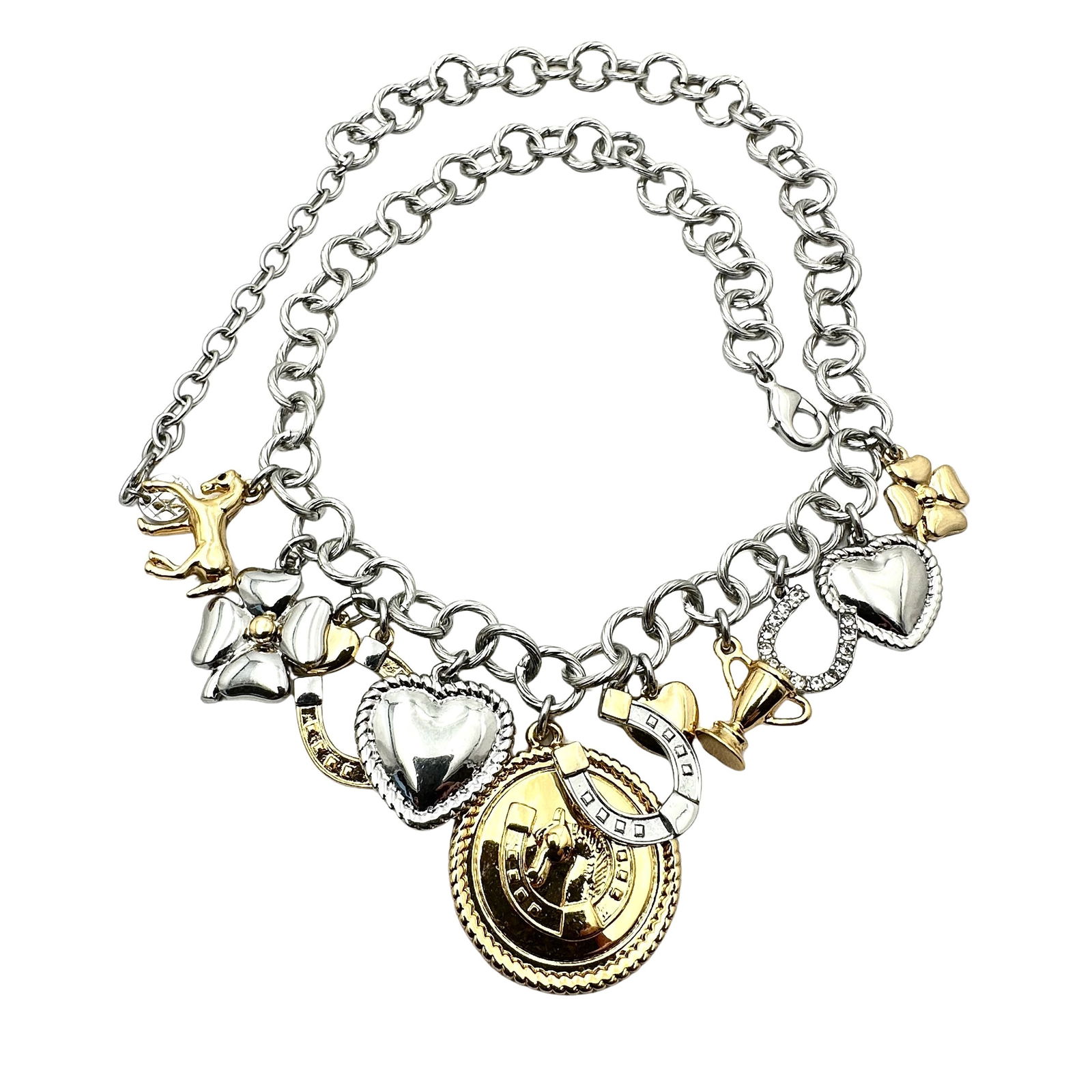 Equestrian Themed Charm Necklace Gold And Silver Tone 16 to 1 Inch: Equestrian Themed Charm Necklace Gold And Silver Tone 16 to 1 Inch