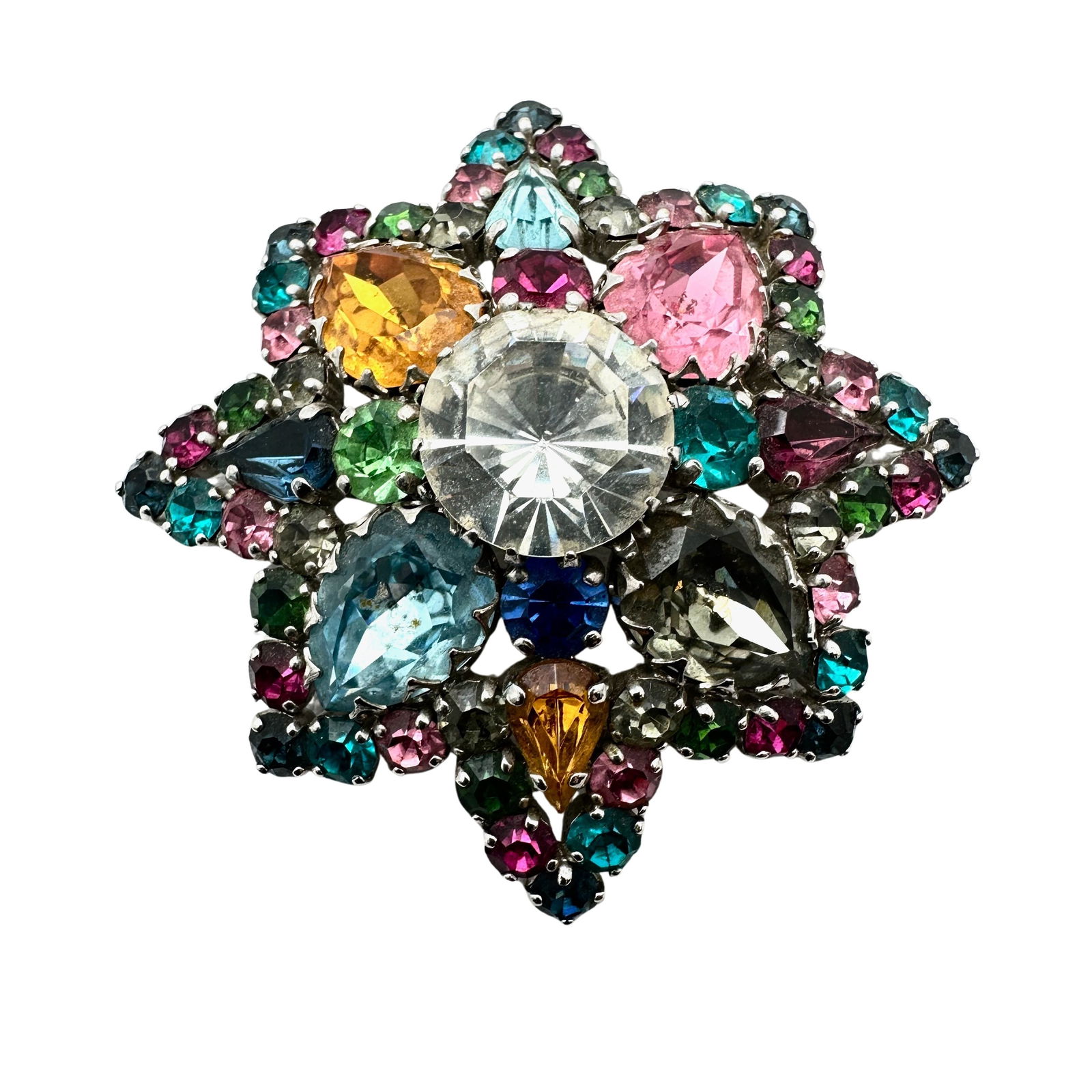 Vintage Unsigned Multicolor Glass Rhinestone Silver Tone Brooch Pin: Vintage Unsigned Multicolor Glass Rhinestone Silver Tone Brooch Pin