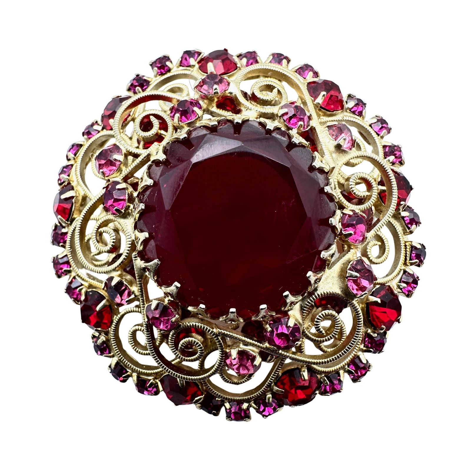 Vintage Juliana Red Pink Glass Rhinestone Gold Tone Brooch Pin 2.5 Inch: Vintage Juliana Red Pink Glass Rhinestone Gold Tone Brooch Pin 2.5 Inch