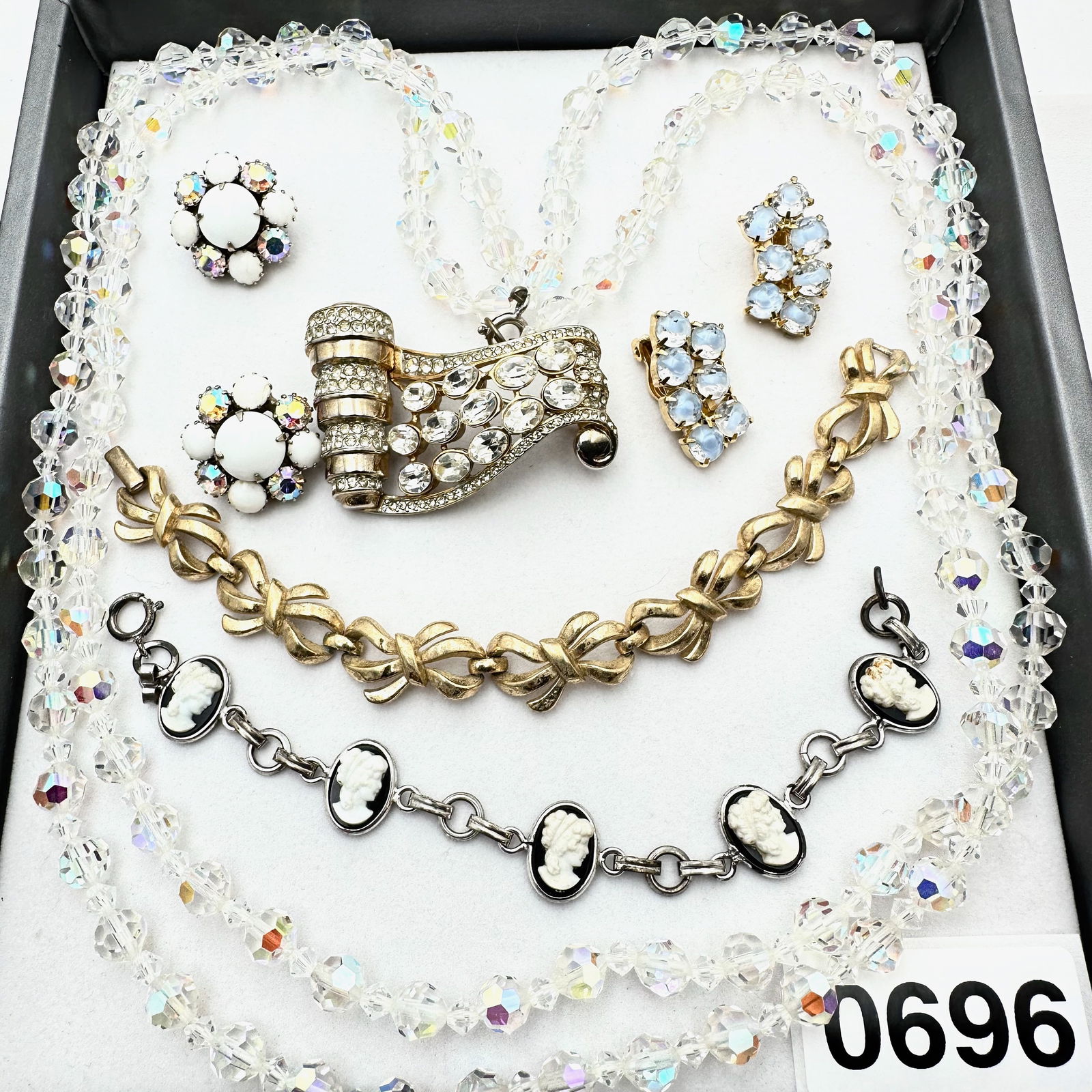 Vintage Jewelry Group Lot Trifari Gold tone Bow Bracelet Clear Rhinestone Brooch Cameo Bracelet (1 of 2)