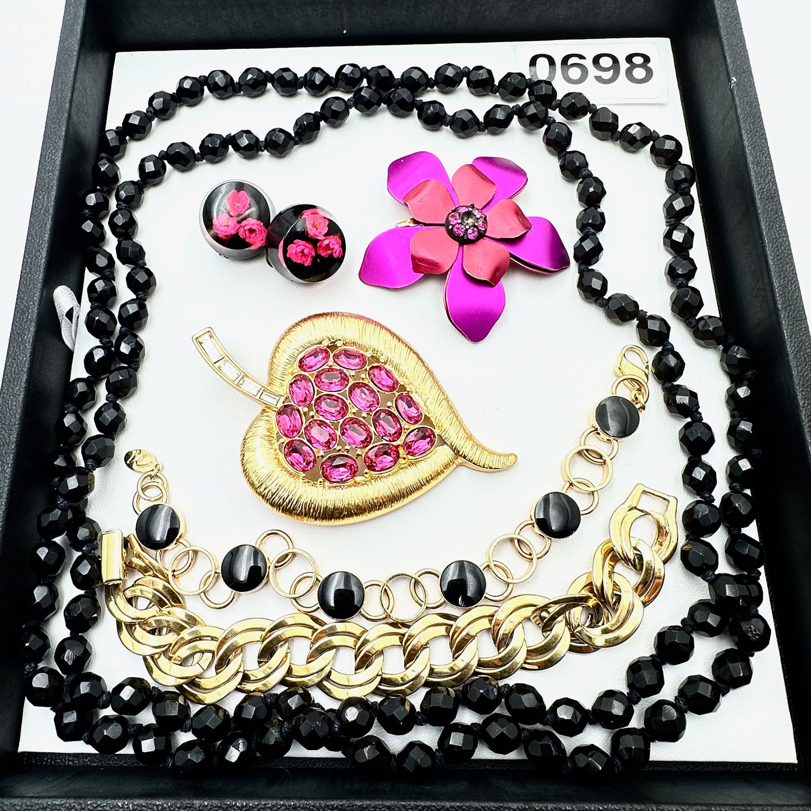 Vintage Jewelry Group Lot Black Glass Necklace Pink Brooches and Clip Earrings Gold Tone Bracelets: Vintage Jewelry Group Lot Black Glass Necklace Pink Brooches and Clip Earrings Gold Tone Bracelets