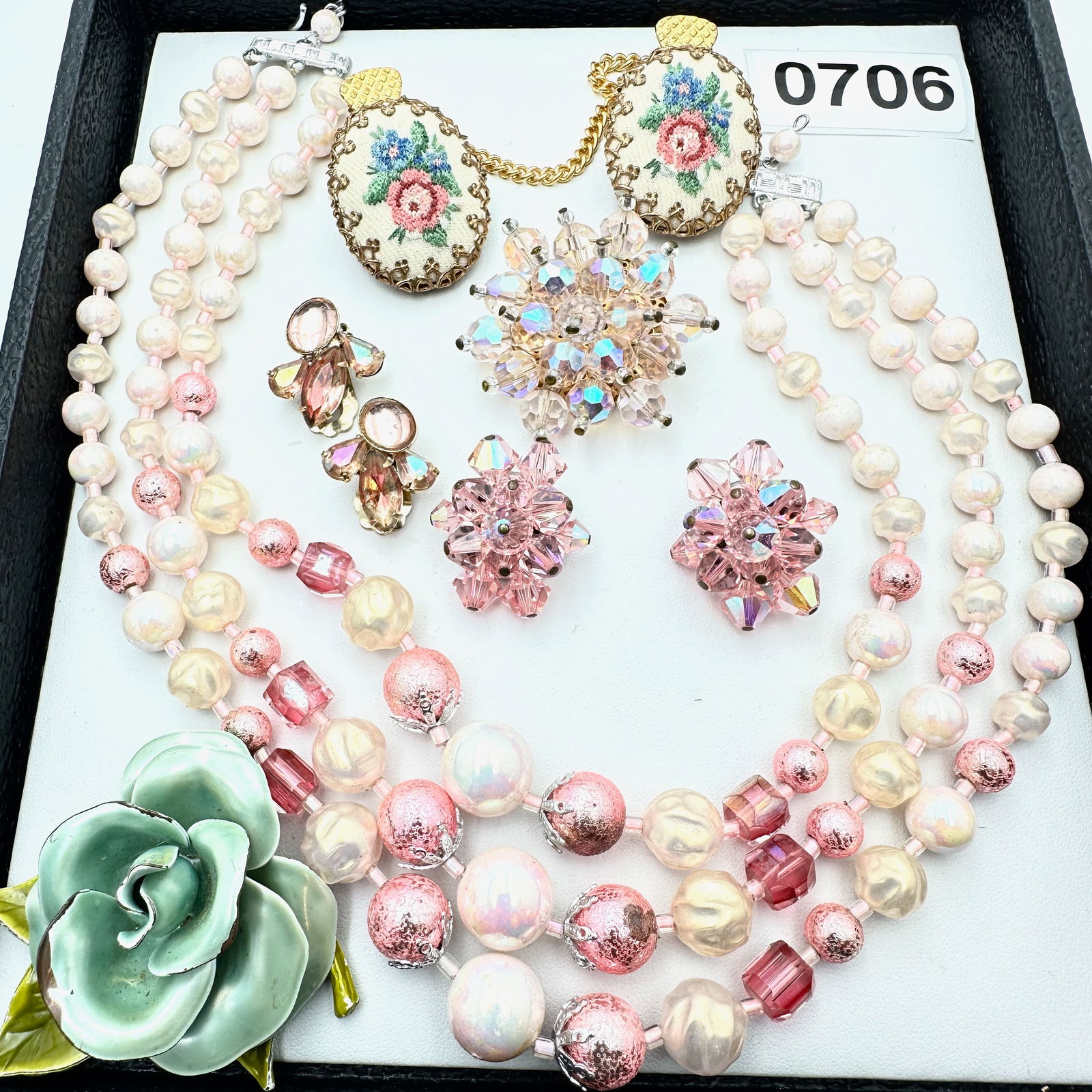 Vintage Jewelry Group Lot Pink Multi Strand Necklace Aurora Borealis and Rhinestone Earrings Enamel: Vintage Jewelry Group Lot Pink Multi Strand Necklace Aurora Borealis and Rhinestone Earrings Enamel Flower Pin