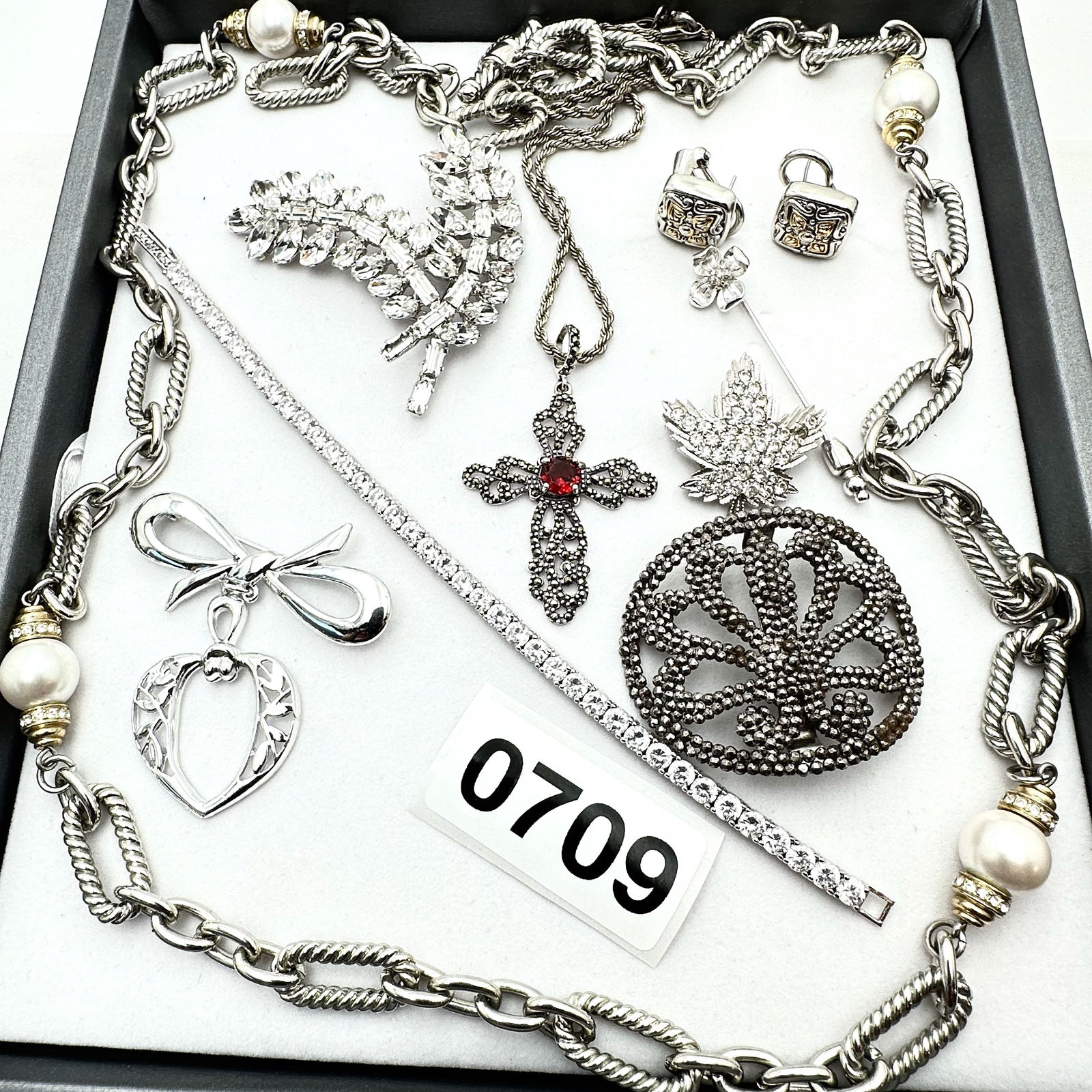 Vintage Jewelry Group Lot Silver Tone Necklaces Bracelet Brooches Earrings Stick Pin and Buckle (1 of 2)