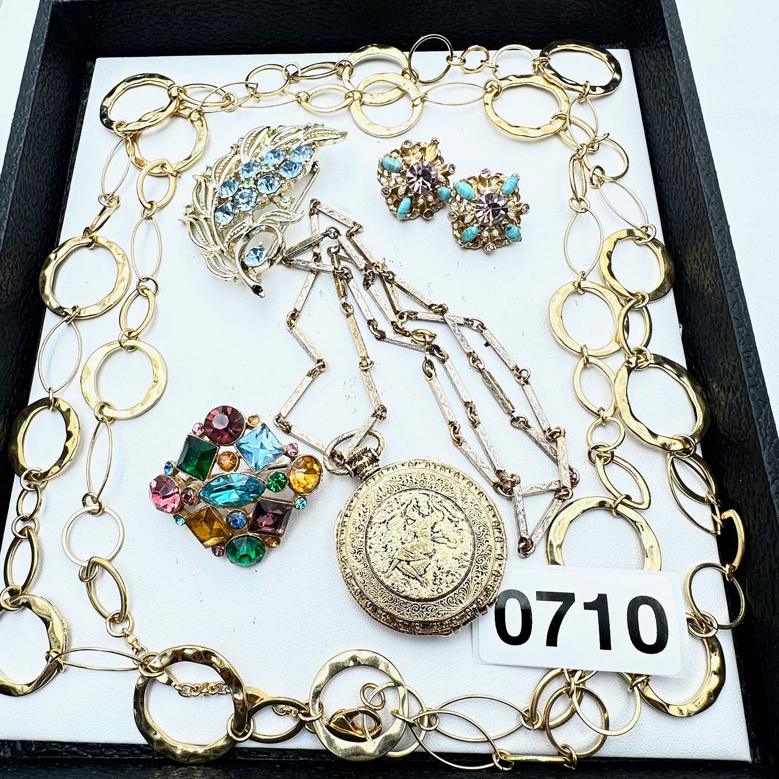 Vintage Jewelry Group Lot Faux Pocket Watch Pendant Necklace Multicolor Rhinestone Brooches Earrings (1 of 2)