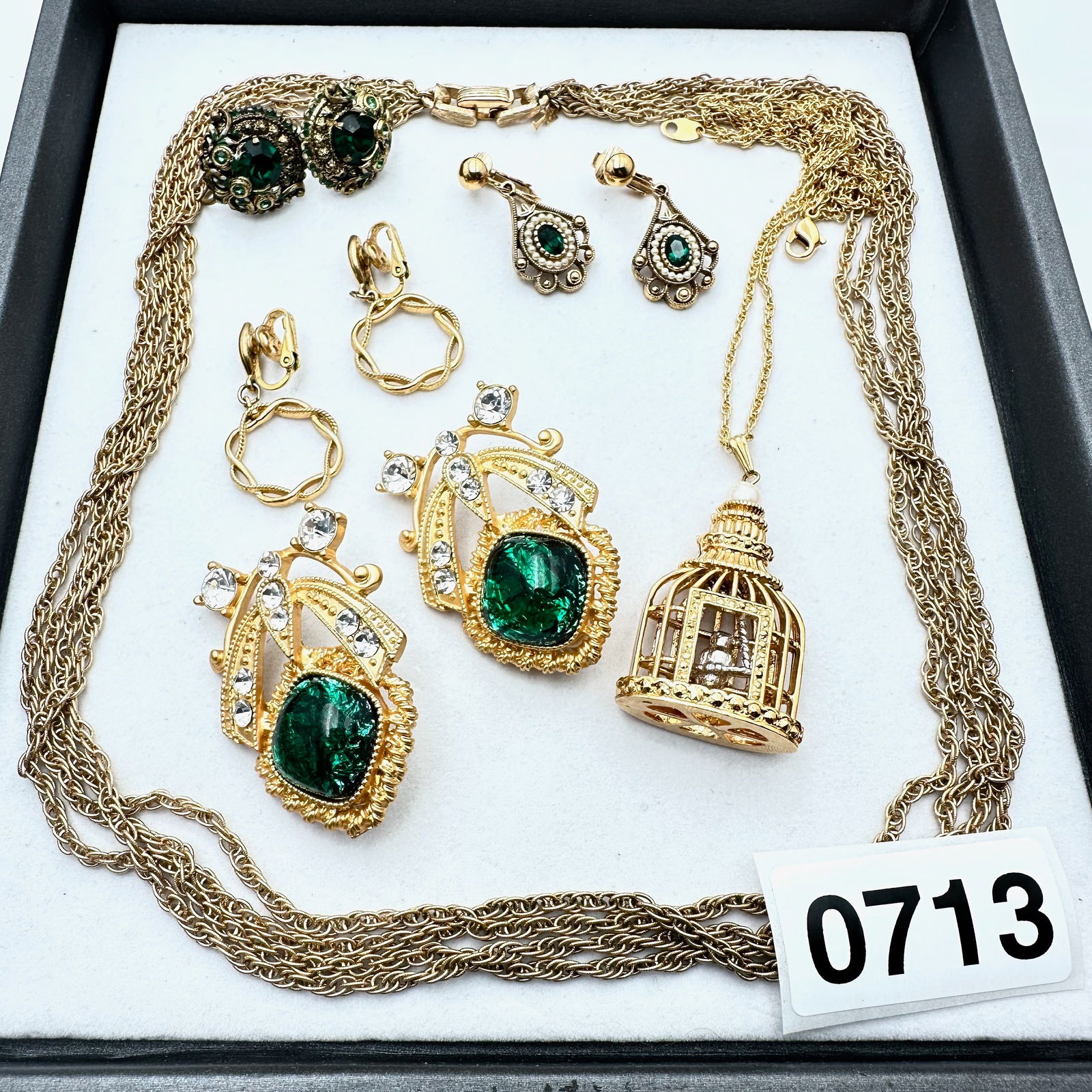 Vintage Jewelry Group Lot Trifari Gold Tone necklace Bird Cage Pendant Necklace Green Rhinestone (1 of 2)