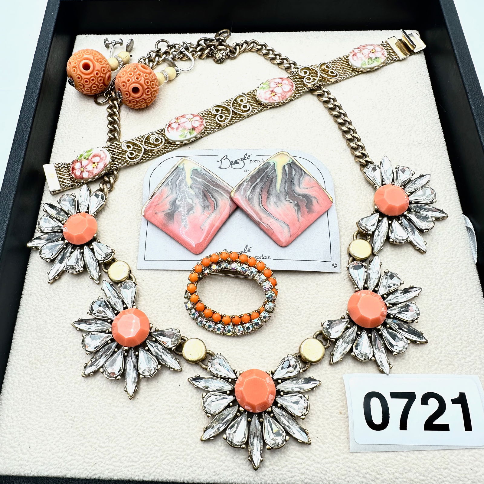 Vintage Jewelry Group Lot Peach Celluloid Earrings Enamel Bracelet Artisan Earrings Flower Necklace (1 of 2)