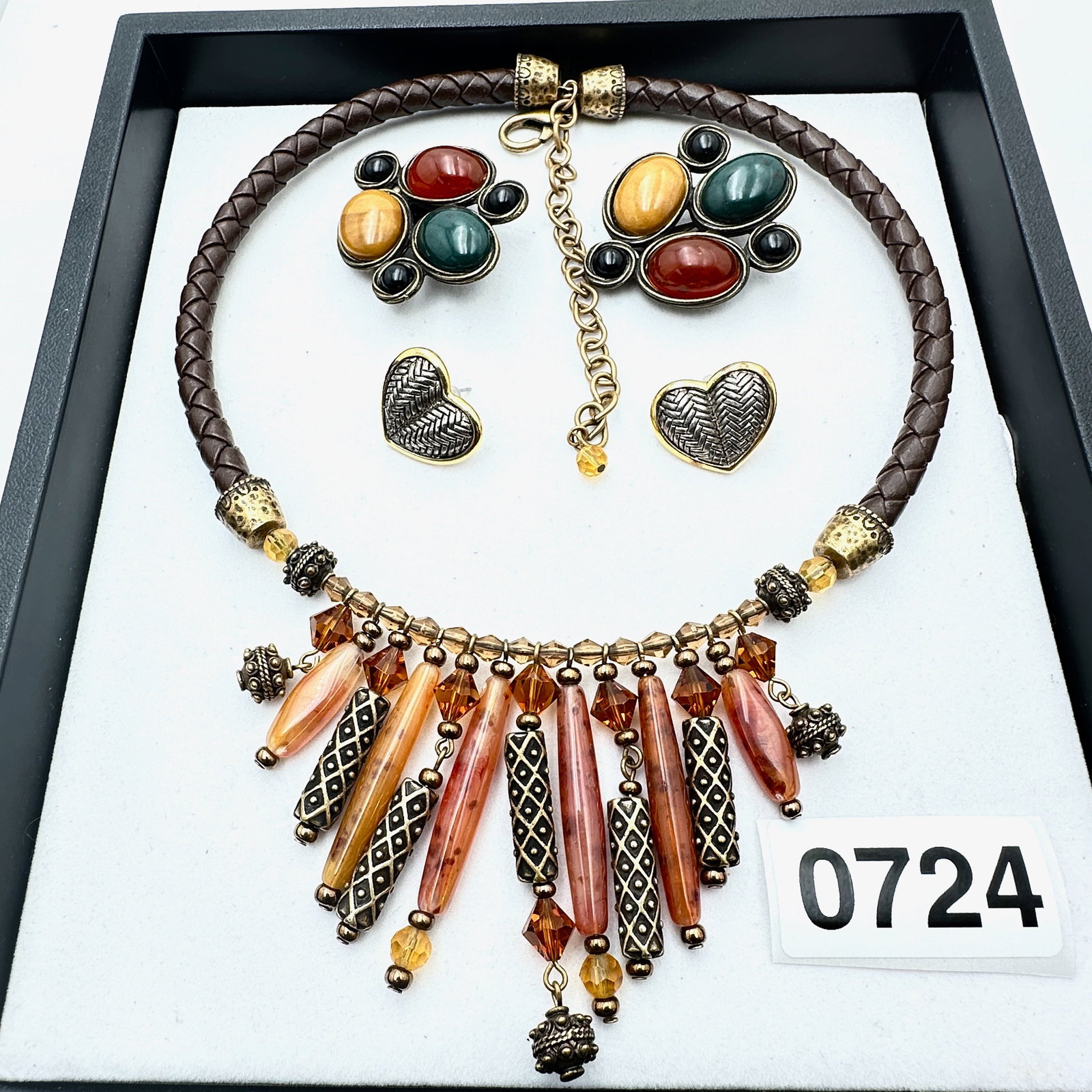 Jewelry Group Lot Antiqued Gold tone Leather Statement Necklace Pierced and Clip Earrings: Jewelry Group Lot Antiqued Gold tone Leather Statement Necklace Pierced and Clip Earrings