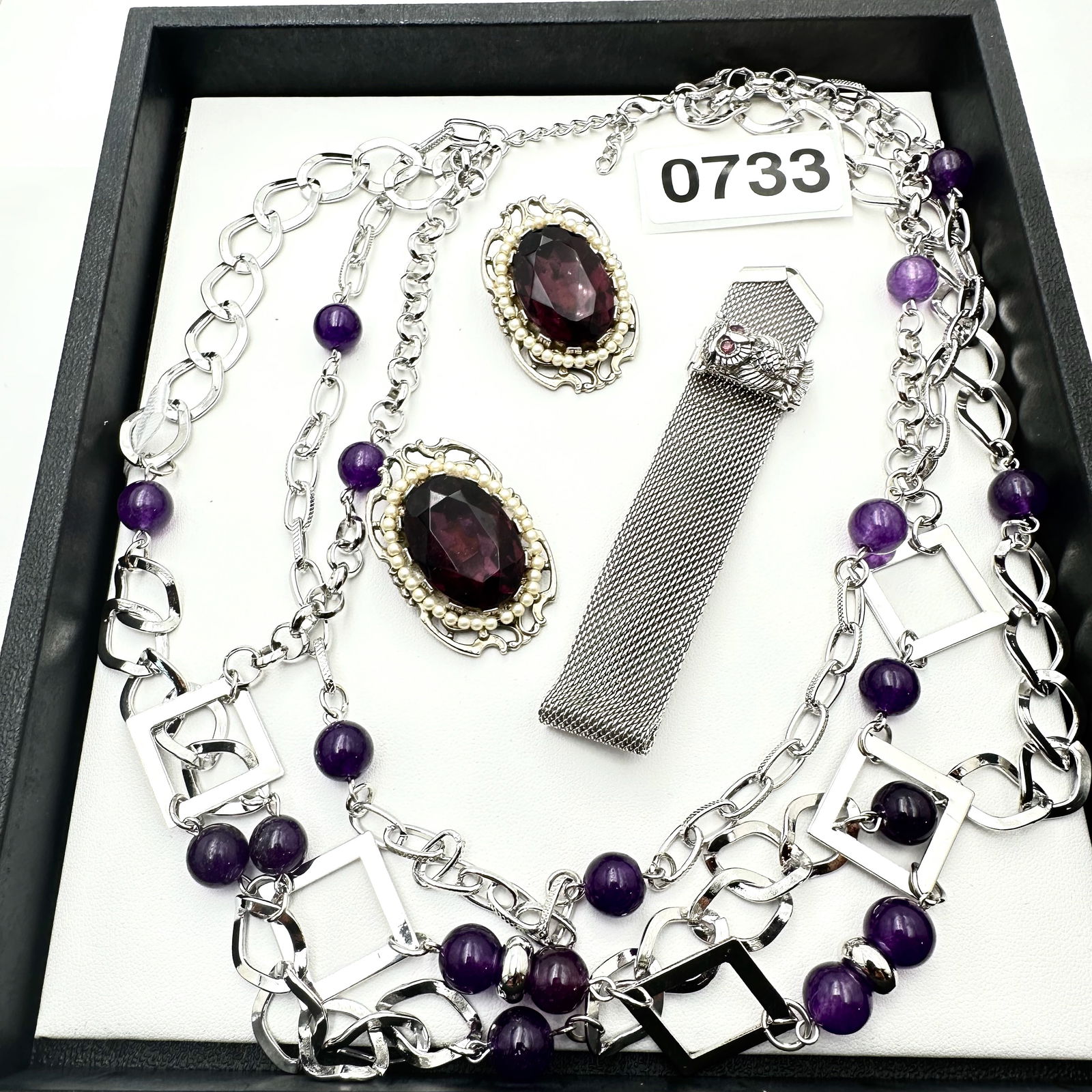Vintage Jewelry Group Lot Purple Glass Bead Silver Tone Necklace Sarah Coventry Bracelet Clip (1 of 2)