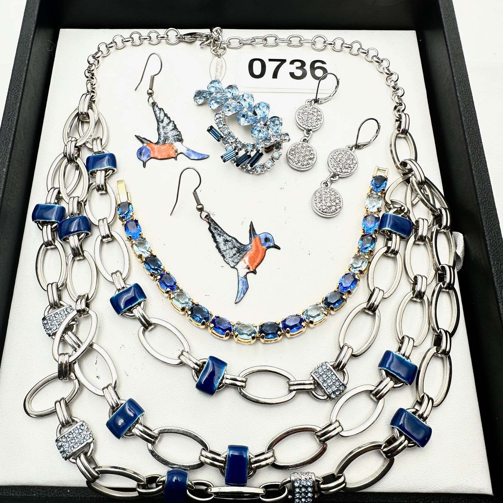 Vintage Jewelry Group Lot Blue Rhinestone Brooch and Bracelet Enamel Bird Earrings Silver Tone (1 of 2)