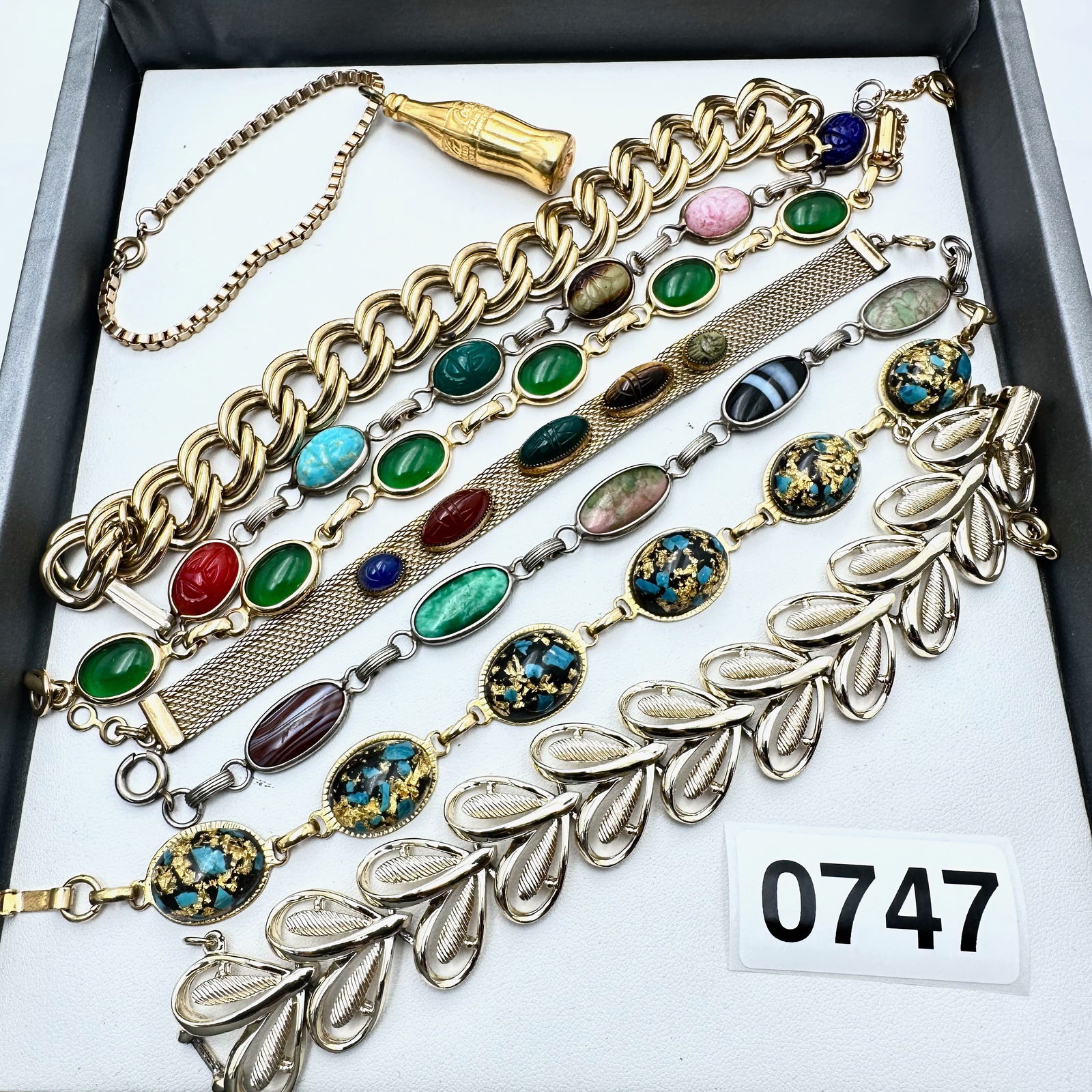 Vintage Jewelry Group Lot Gold Tone Bracelets Carved Gemstone Scarabs Coke Cola Charm (1 of 2)