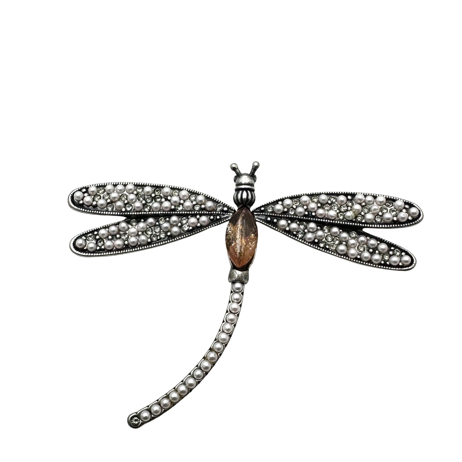 Vintage Anne Klein Rhinestone Faux Pearl Dragon Fly Brooch Pin Original Card 3 Inch (1 of 2)