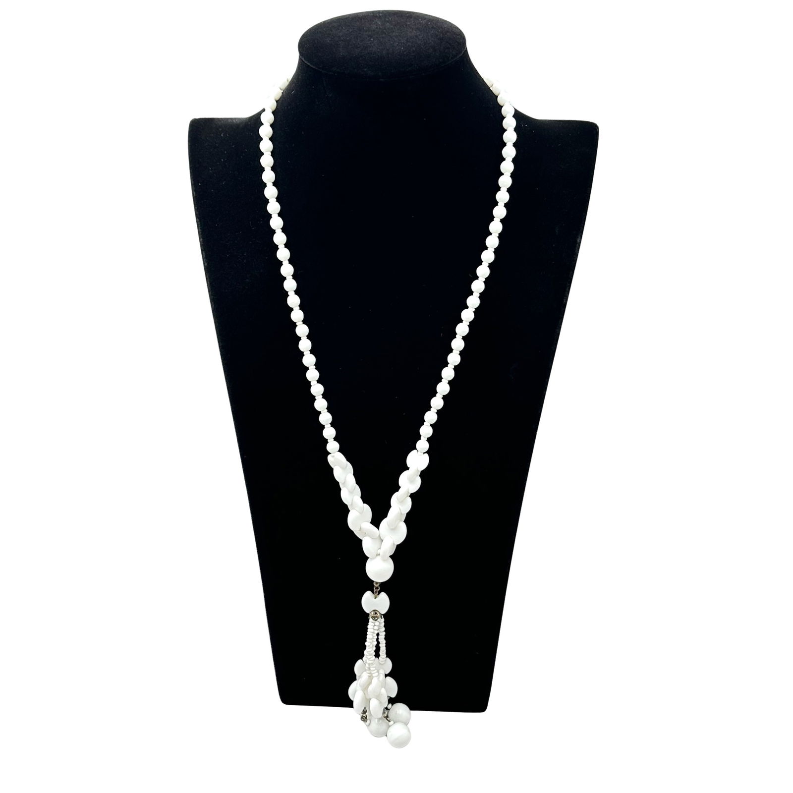 Vintage Miriam Haskell White Glass Bead Tassel Necklace Gold Tone 24 Inch: Vintage Miriam Haskell White Glass Bead Tassel Necklace Gold Tone 24 Inch