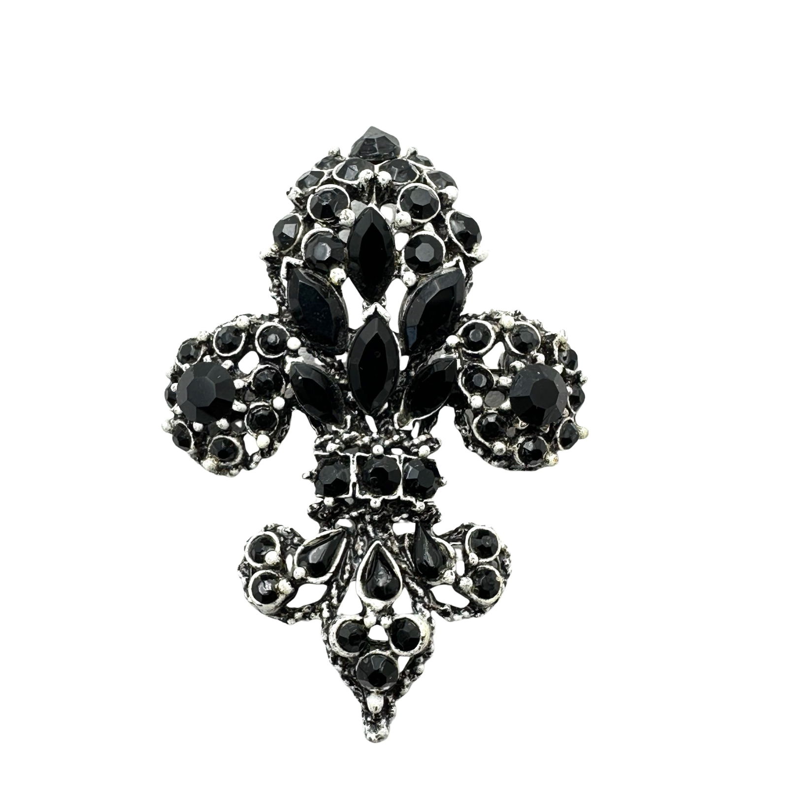 Vintage Florenza Black Glass Rhinestone Silver Tone Fleur De Lis Brooch Pin 2.5 Inch (1 of 2)