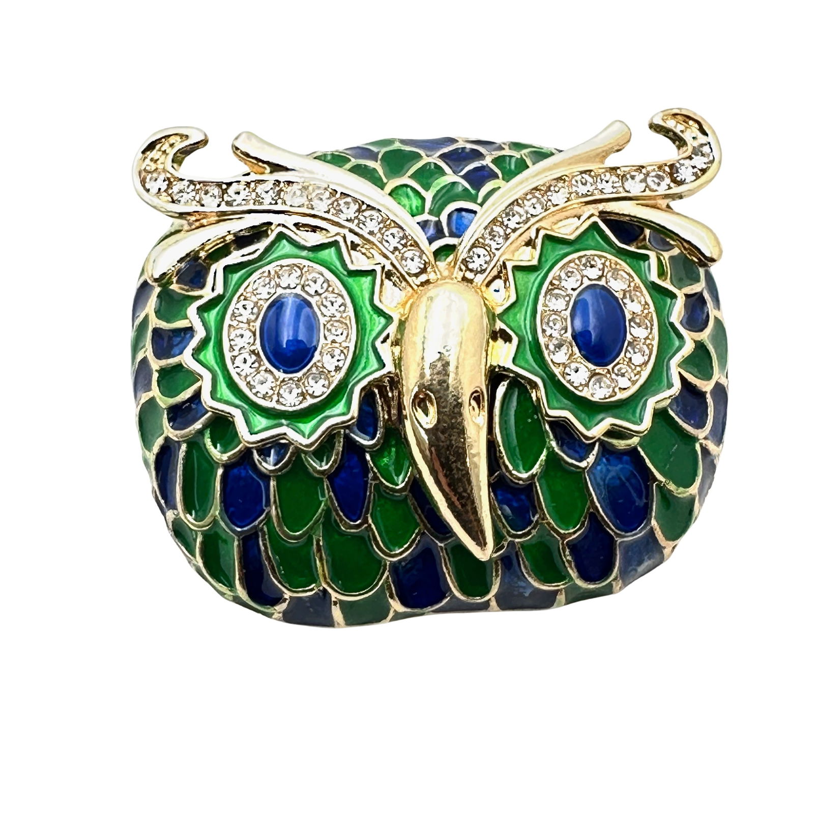 Blue Green Enamel Rhinestone Gold Tone Owl Brooch Pin 2 Inch (1 of 2)