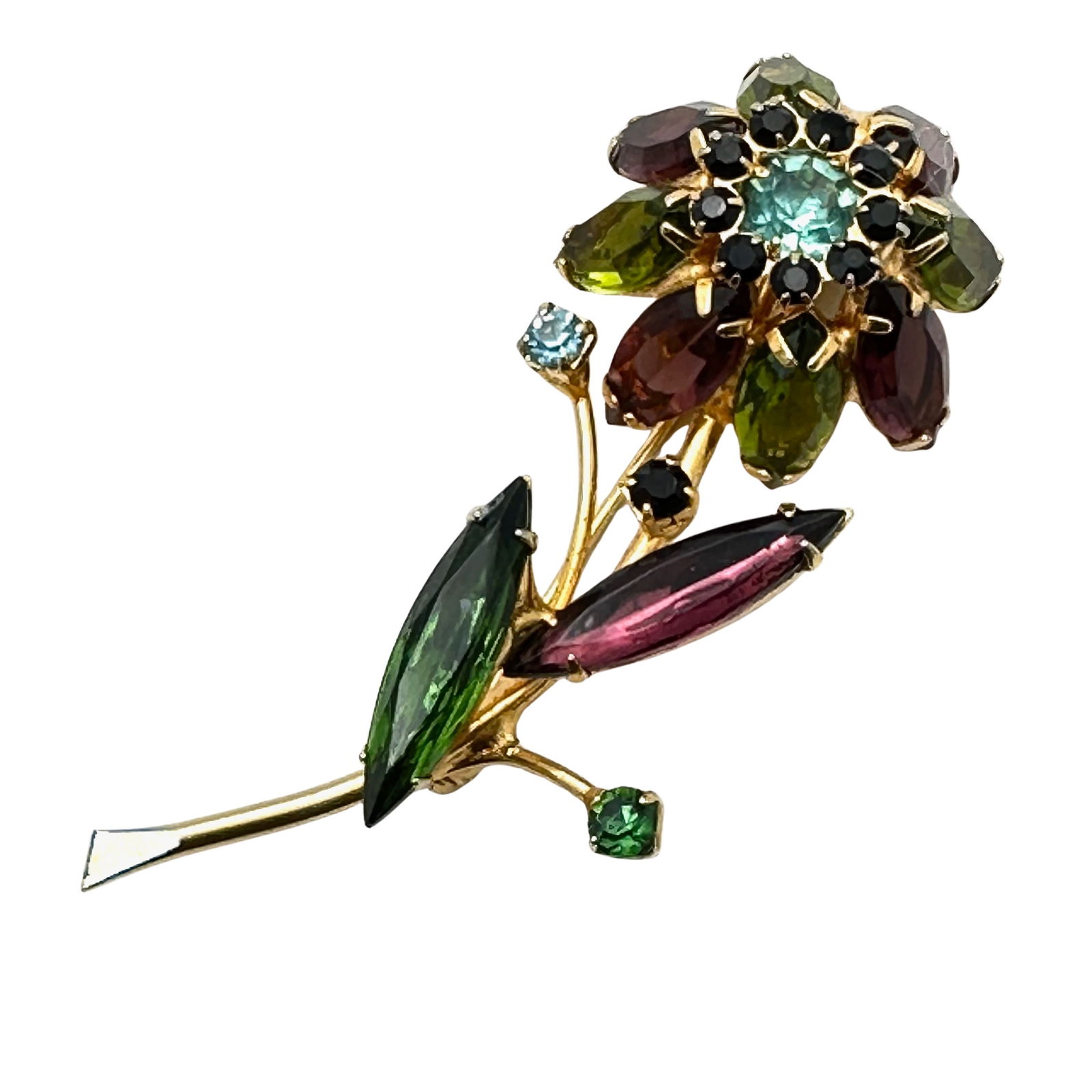 Vintage Purple Green Glass Rhinestone Gold Tone Flower Brooch Pin 3 Inch (1 of 2)