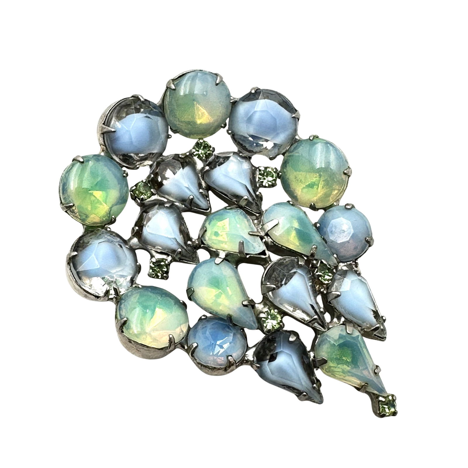 Vintage Kramer New York Blue Green Givre Glass Rhinestone Silver Tone Brooch Pin 2.5 Inch (1 of 2)