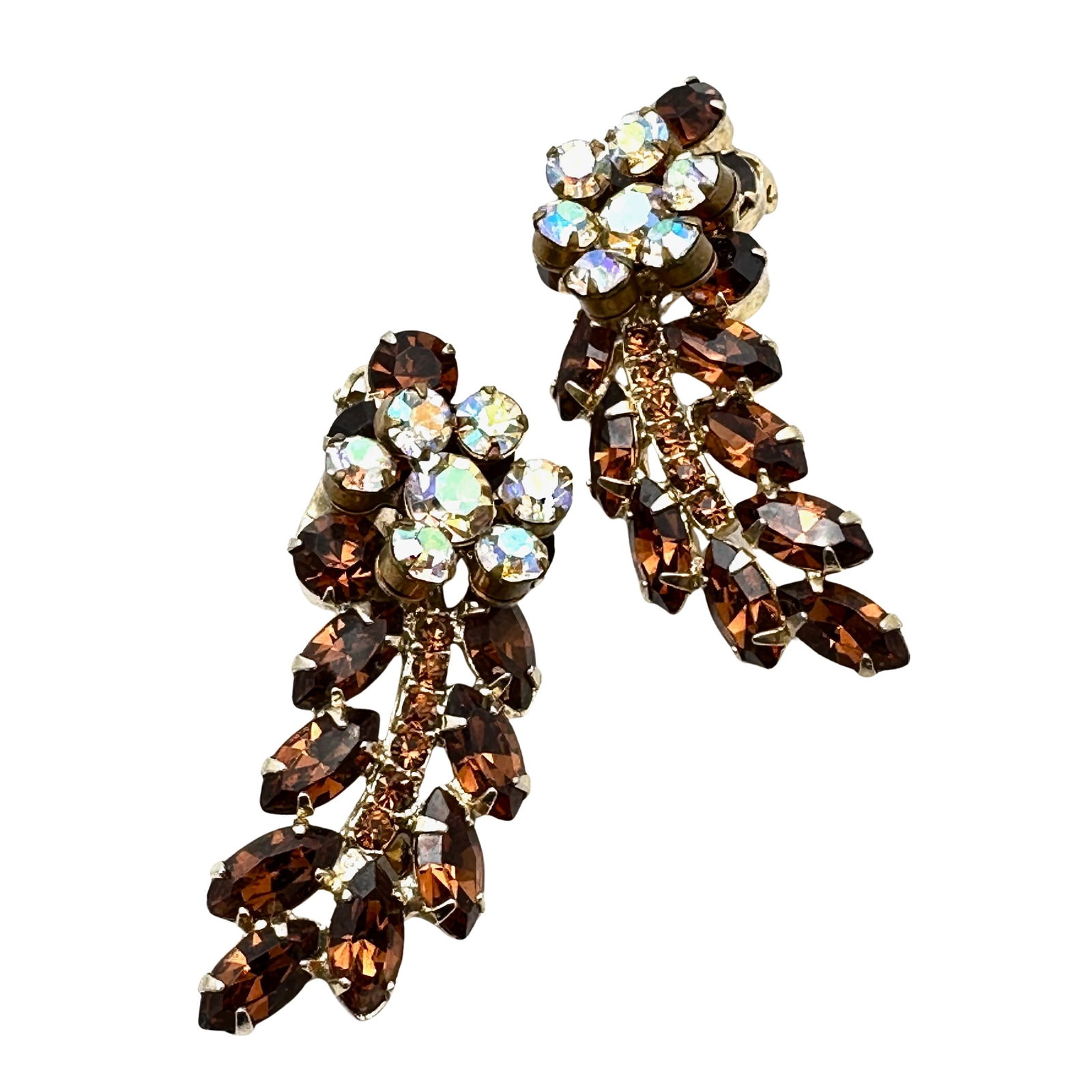 Vintage Juliana Amber Glass Rhinestone Gold Tone Clip Earrings 2 Inch (1 of 2)