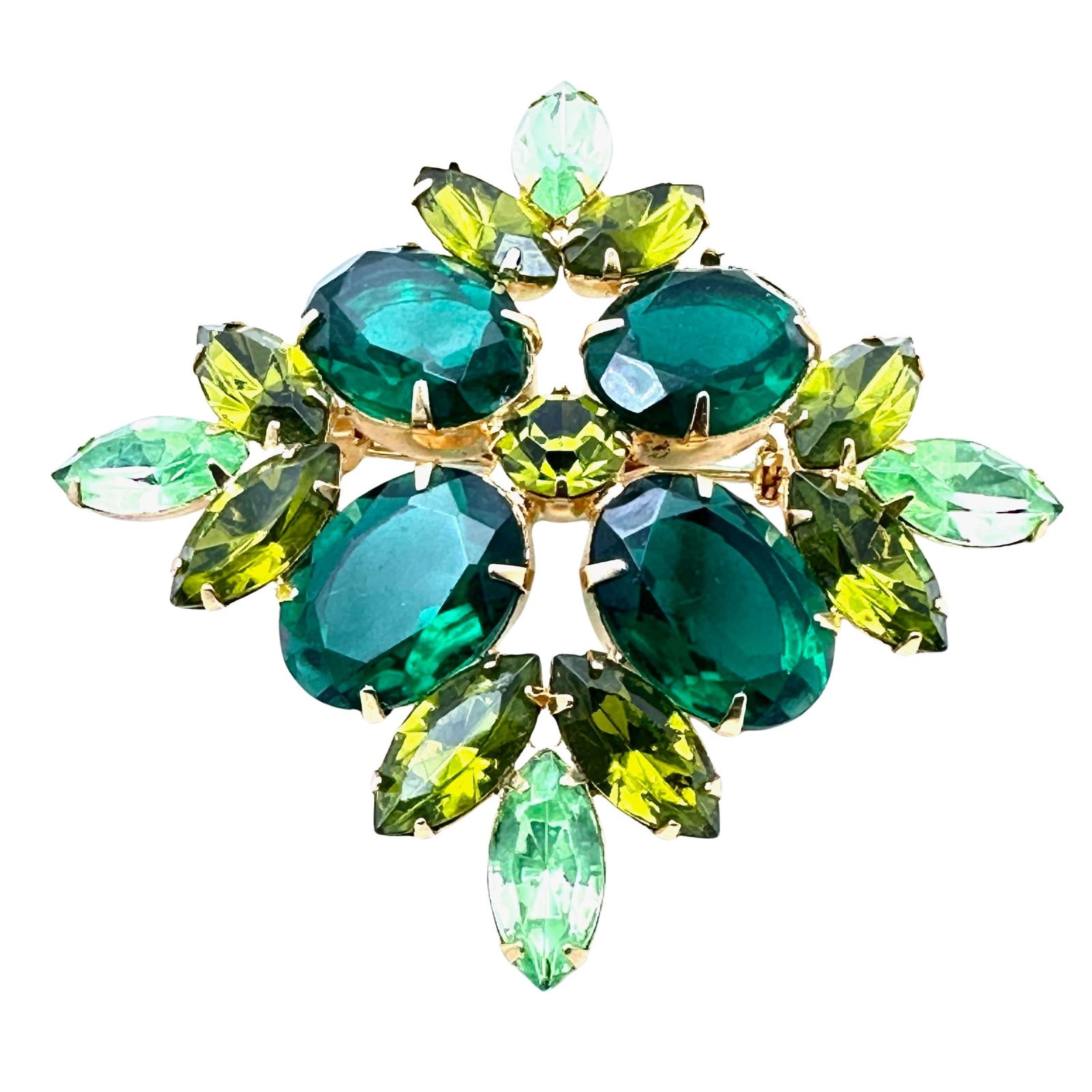 Vintage Shades of Green Glass Rhinestone Gold Tone Brooch Pin 2 Inch (1 of 2)