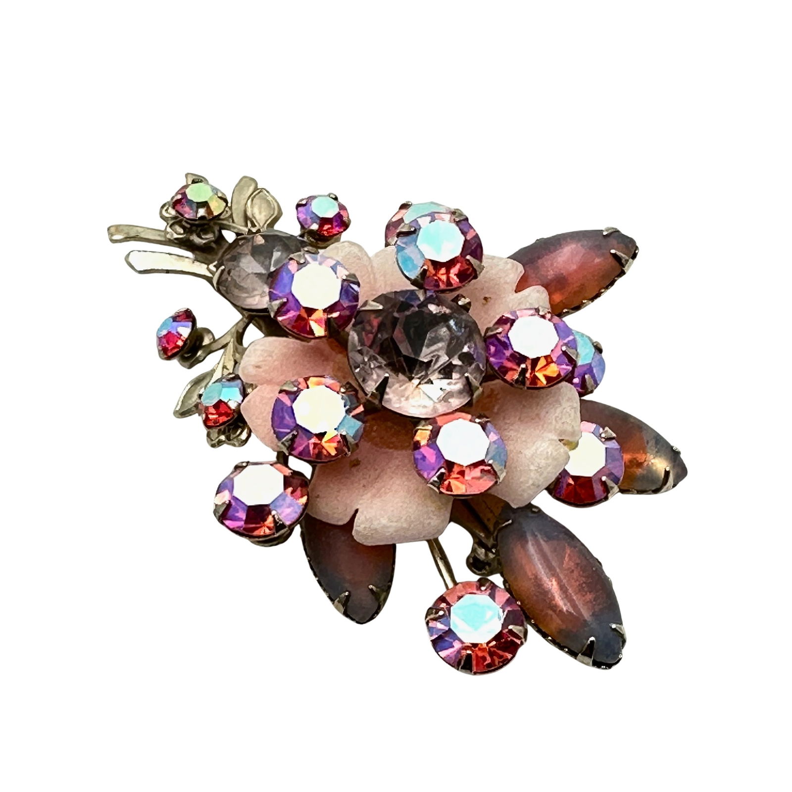 Vintage Pink Givre Glass Rhinestone Gold Tone Brooch Pin 2.5 Inch (1 of 2)