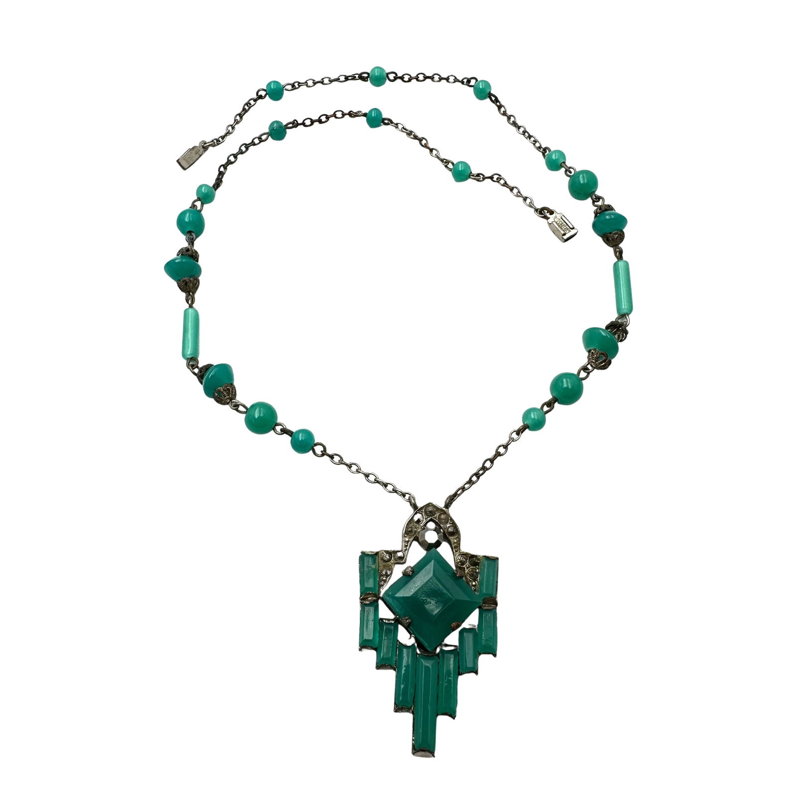 Antique Art Deco Green Czech Glass Silver Tone Pendant Necklace 16 Inch Vintage (1 of 2)