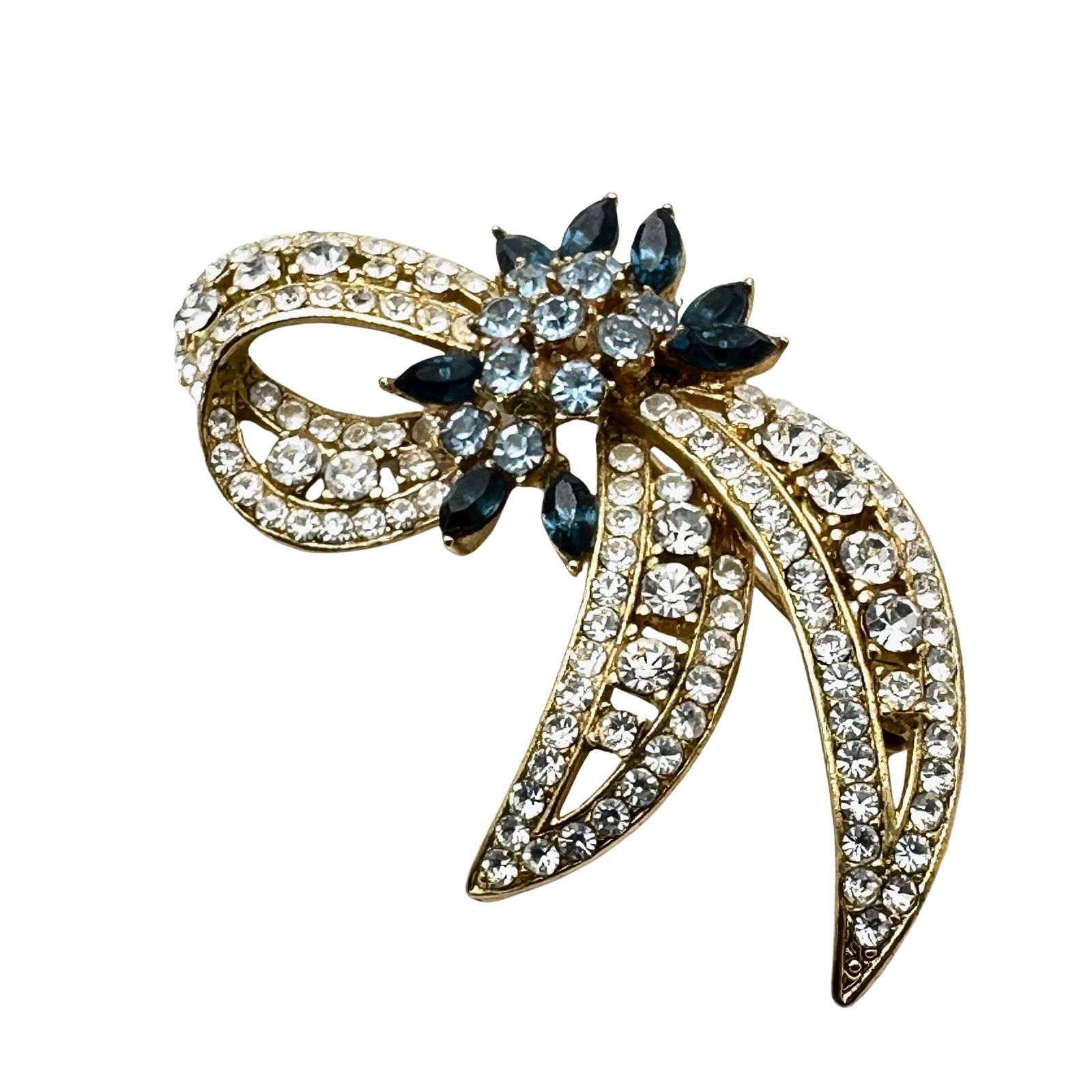 Vintage Signed Blue Glass Rhinestone Gold Tone Brooch Pin 2 Inch (1 of 2)