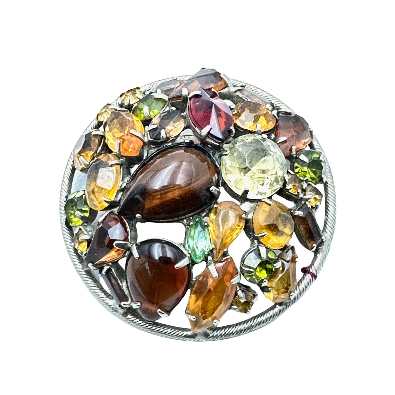 Vintage Amber Yellow Green Glass Rhinestone Gold Tone Brooch Pin 2.25 Inch (1 of 2)