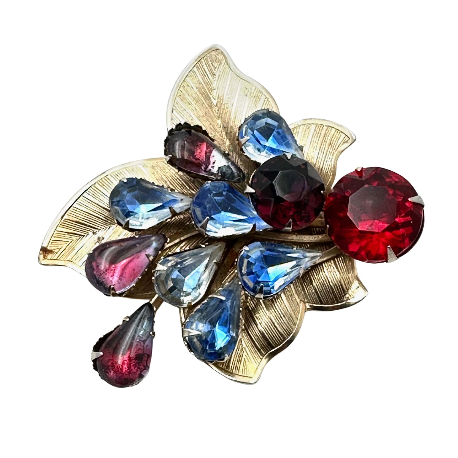 Vintage Red Blue Givre Glass Rhinestone Gold Tone Brooch Pin 2.25 Inch (1 of 2)