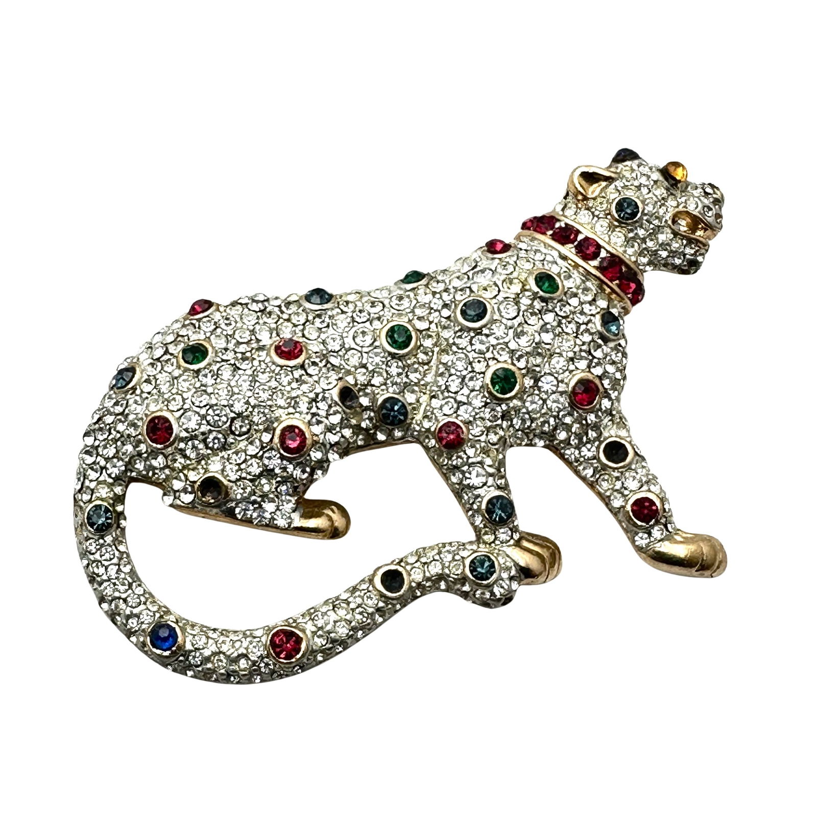 Vintage Jewel Tone Glass Rhinestone Gold Tone Jaquar Panther Brooch Pin 2.5 Inch (1 of 2)