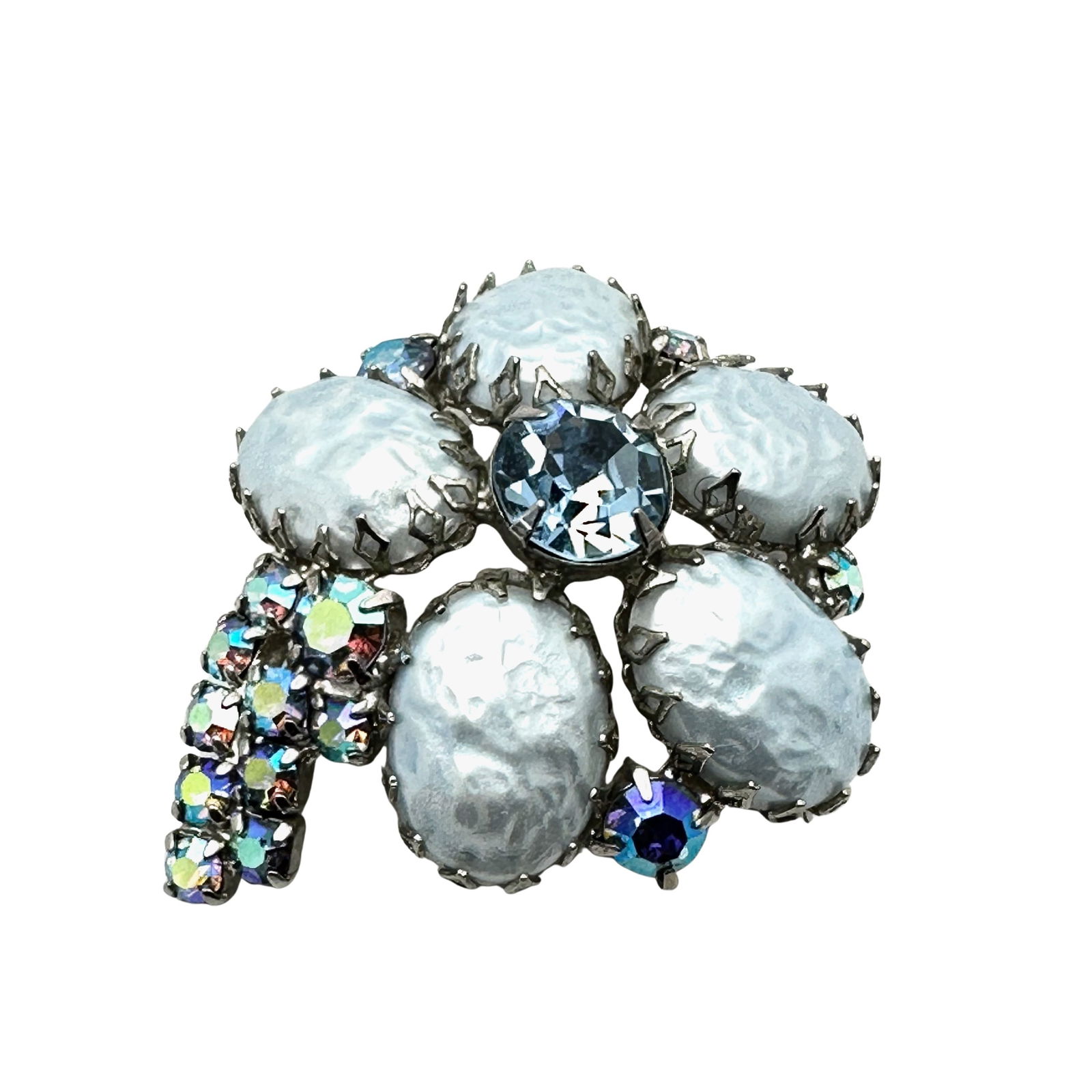 Vintage Blue Glass Rhinestone Silver Tone Brooch Pin 2 Inch (1 of 2)