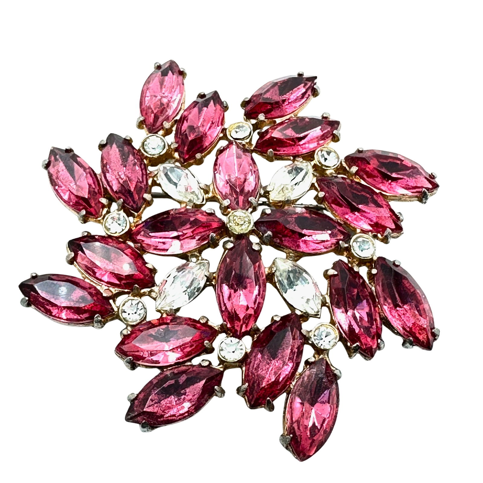 Vintage Pink Glass Rhinestone Gold Tone Brooch Pin 2.5 Inch (1 of 2)