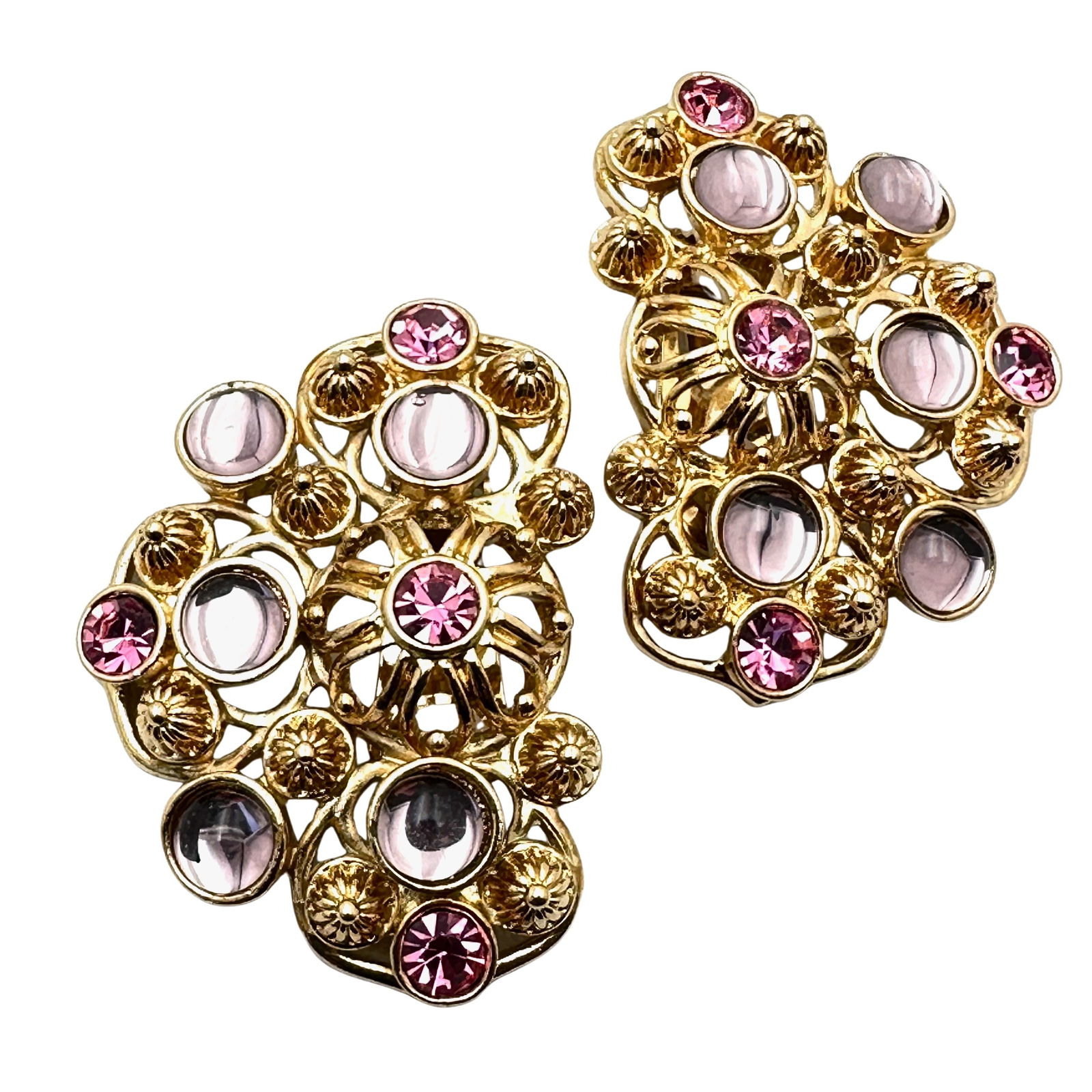 Vintage Barrera for Avon Pink Purple Glass Rhinestone Gold Tone Clip Earrings 1.75 Inch (1 of 2)