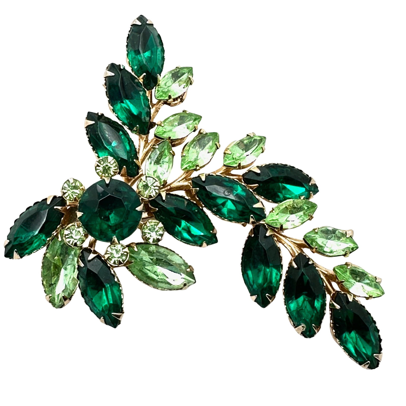 Vintage Green Glass Rhinestone Gold Tone Brooch Pin 3 Inch (1 of 2)