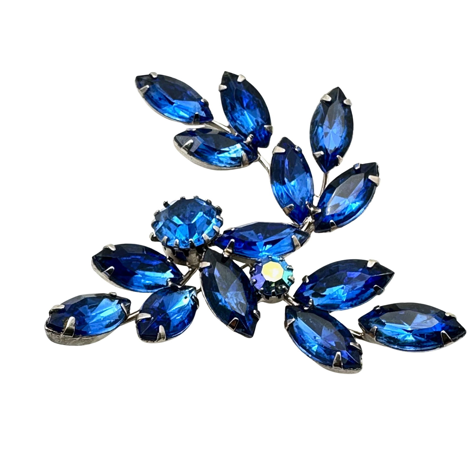 Vintage Blue Glass Rhinestone Silver Tone Brooch Pin 2.25 Inch (1 of 2)