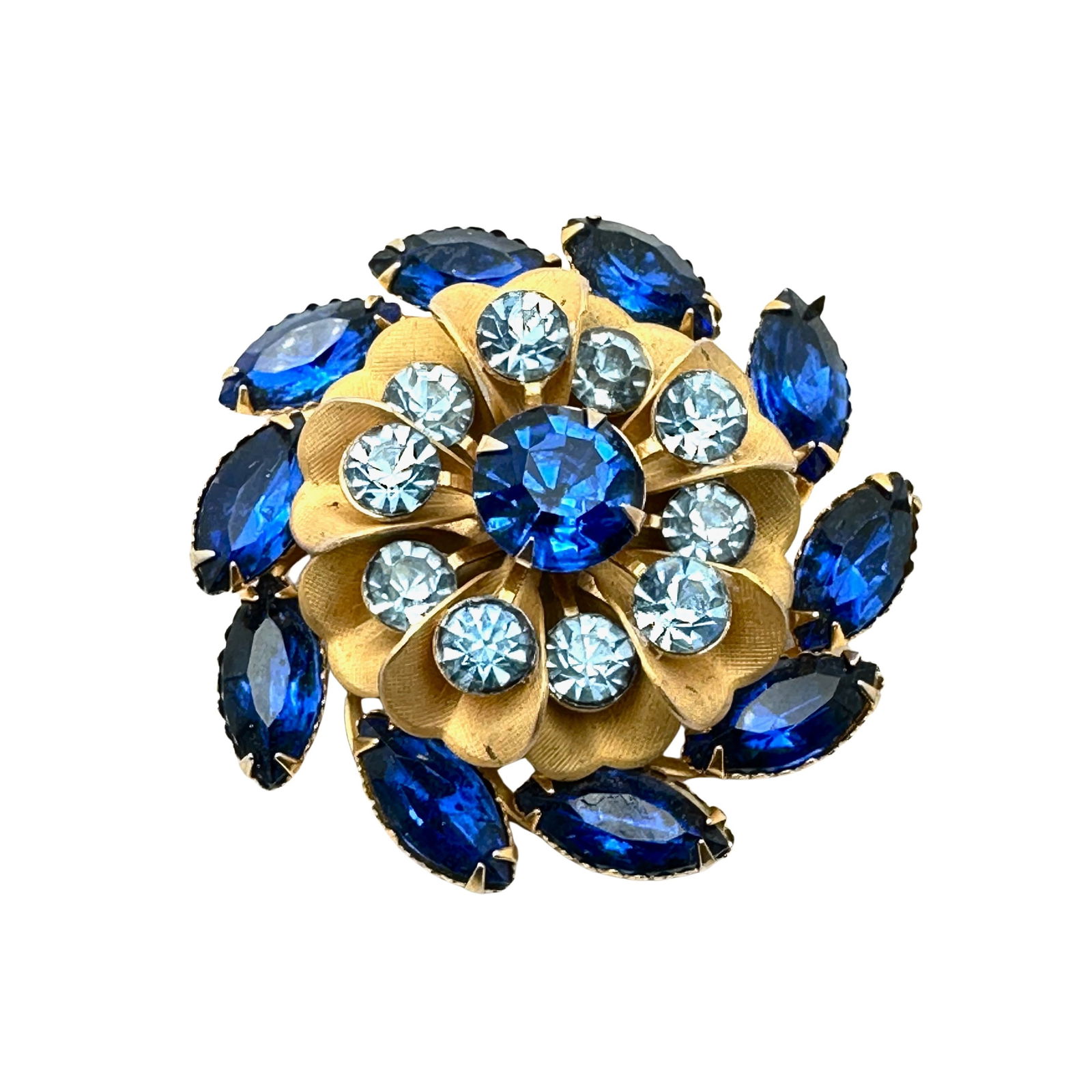 Vintage Light & Dark Blue Glass Rhinestone Gold Tone Brooch Pin 2 Inch (1 of 2)