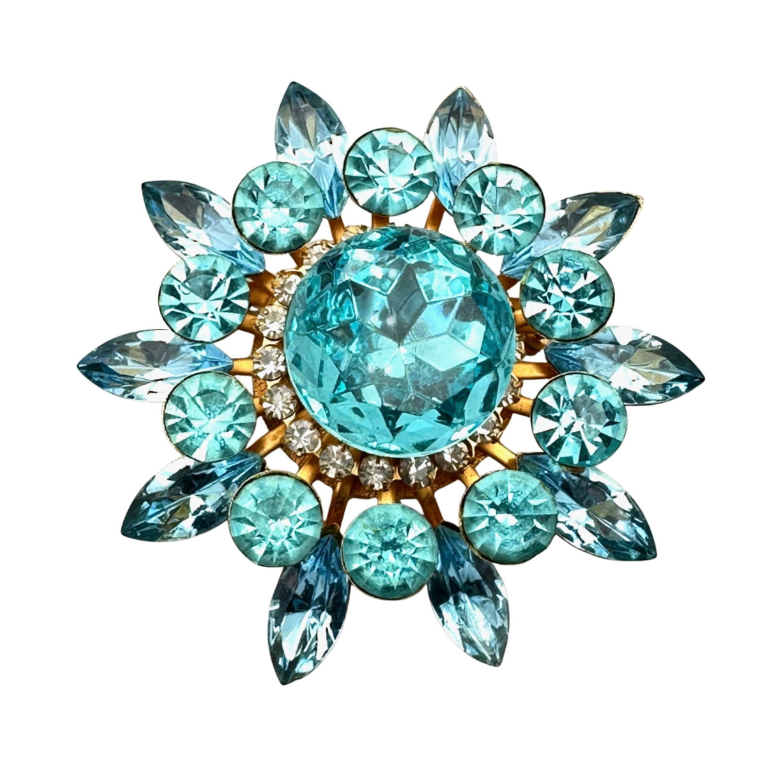 Vintage Blue Glass Rhinestone Gold Tone Brooch Pin 2.5 Inch (1 of 2)