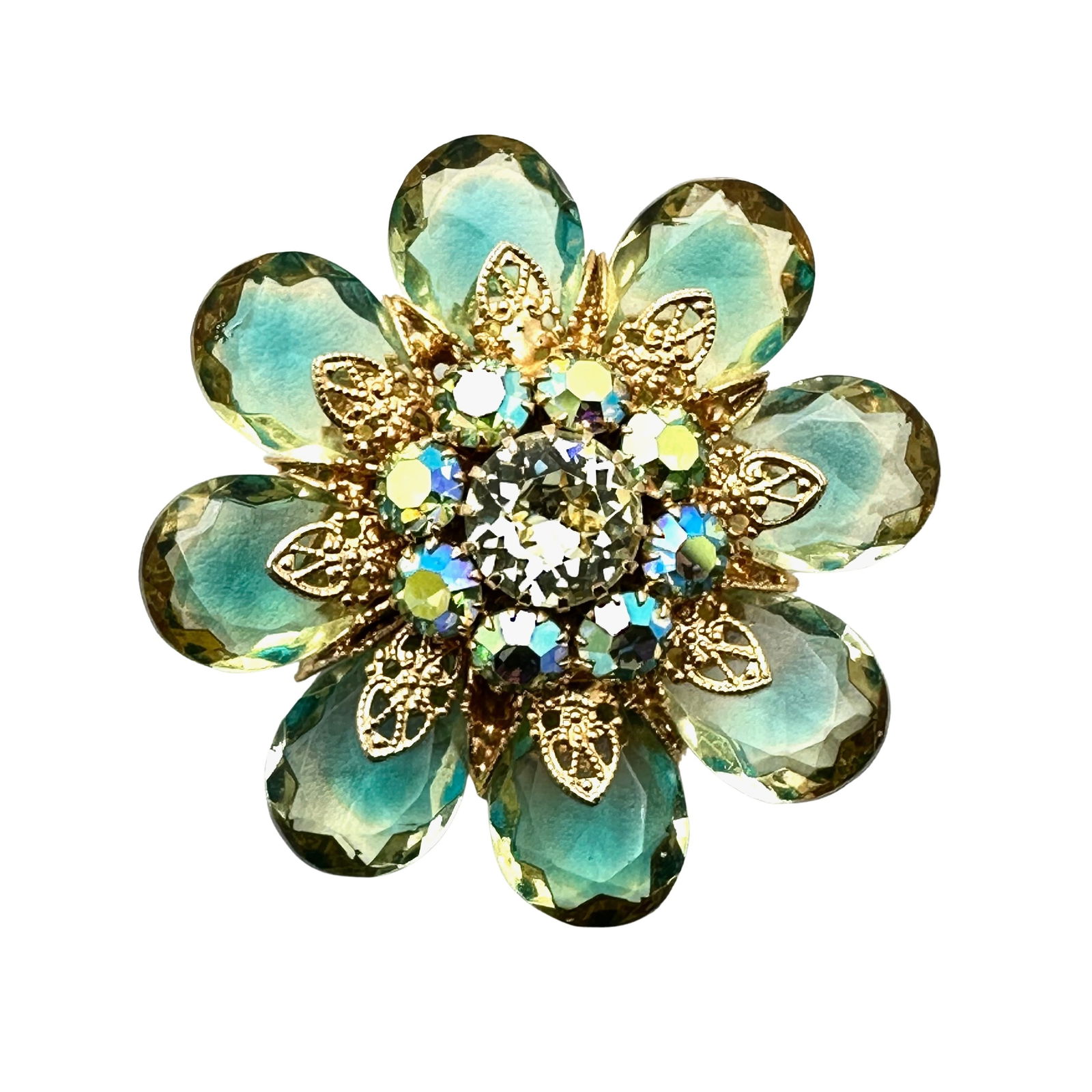Vintage Yellow Green Givre Glass Rhinestone Gold Tone Flower Brooch Pin 2.25 Inch (1 of 2)