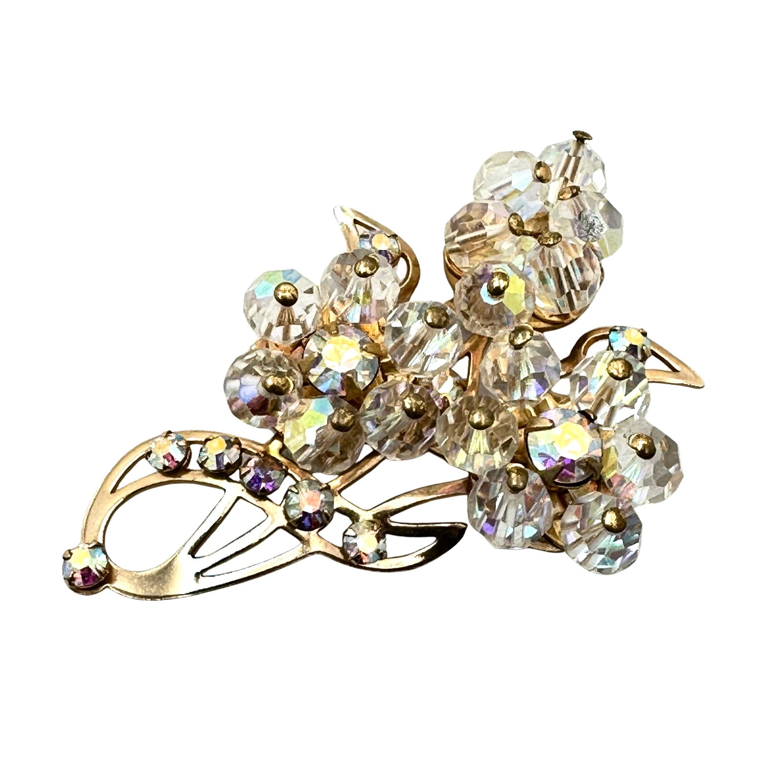 Vintage Aurora Borealis Crystal Gold Tone Brooch Pin 2.5 Inch (1 of 2)