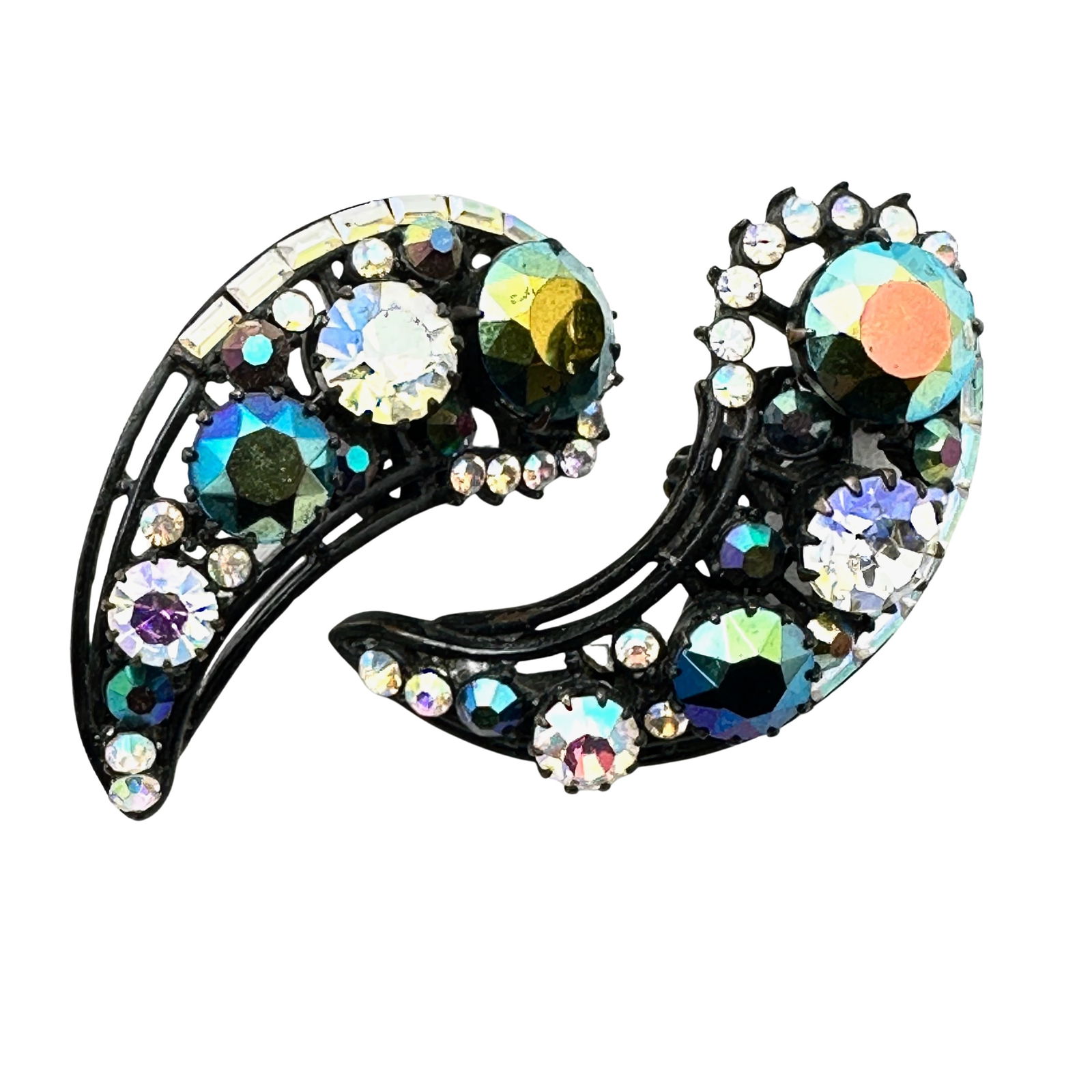 Vintage Clear Rhinestone Black Japanned Metal Clip Earrings 2 Inch (1 of 2)