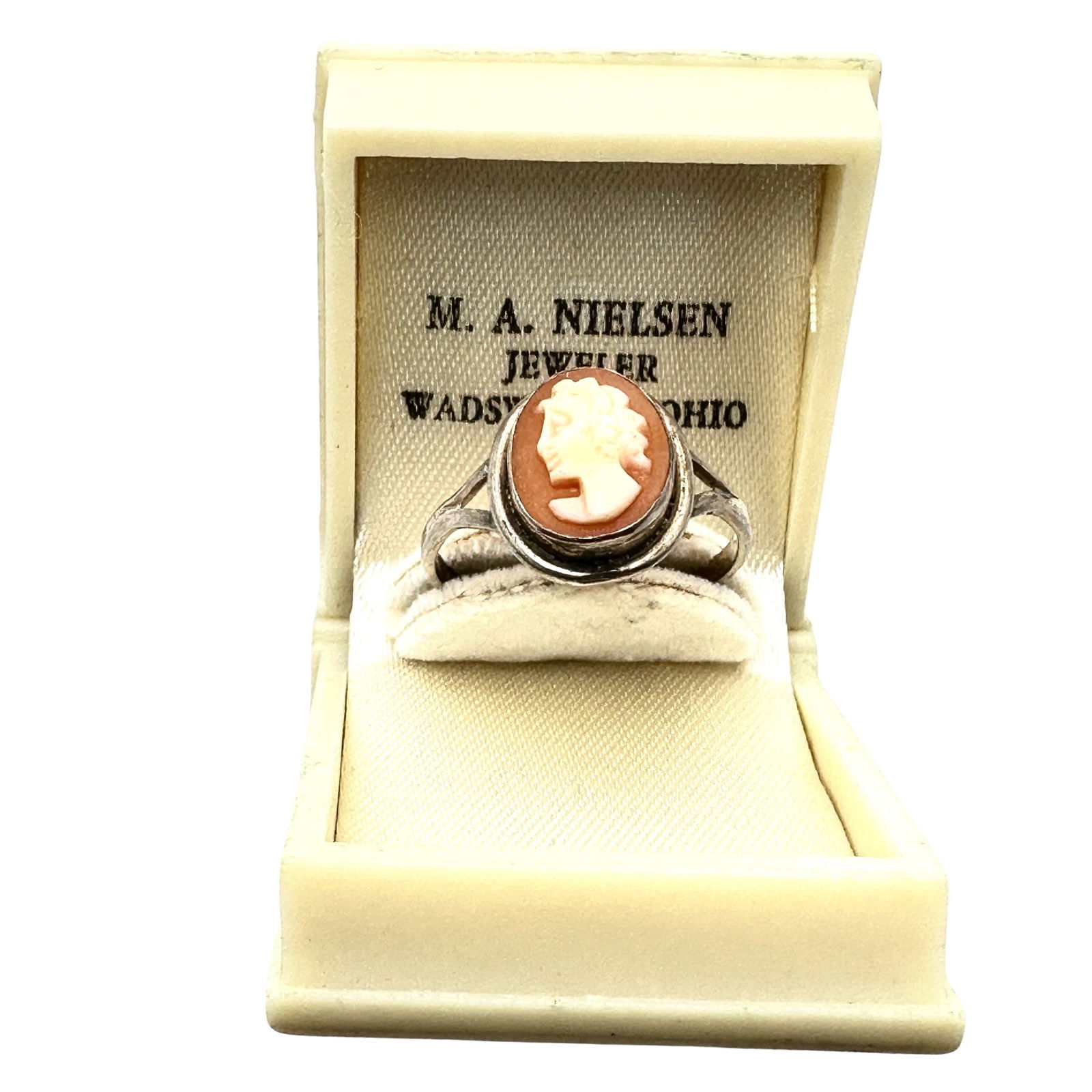 Vintage Carved Shell Cameo Silver Ring Size 6 Celluloid Ring Box Included (1 of 3)