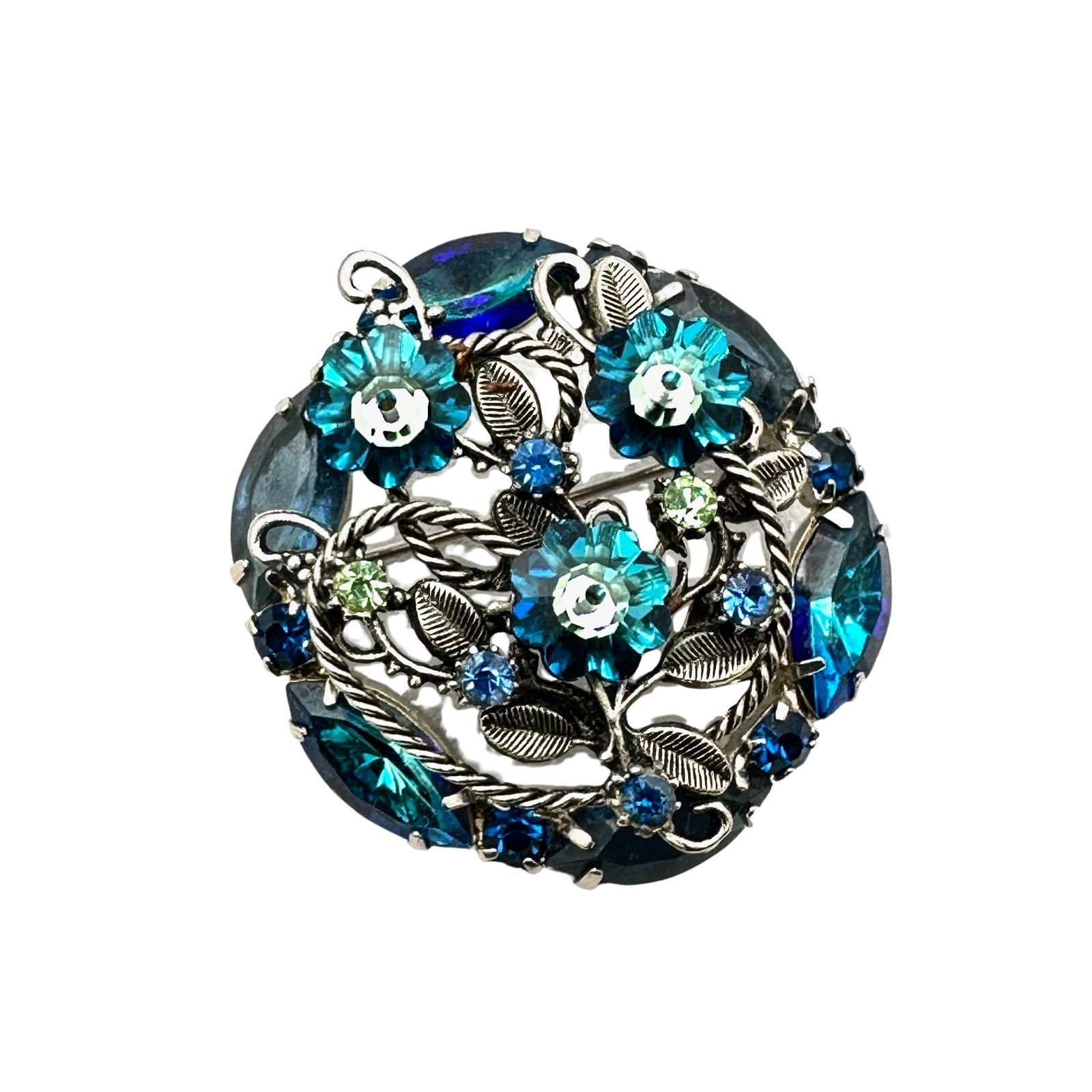 Vintage Blue Aurora Borealis Glass Rhinestone Silver Tone Brooch Pin 1.5 Inch (1 of 2)