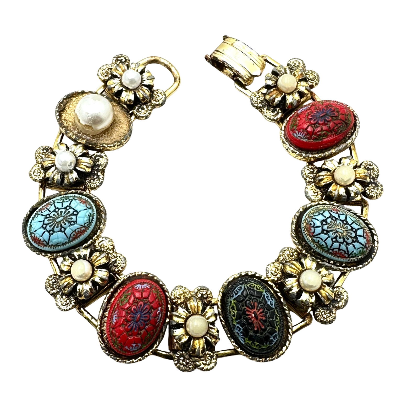 Vintage Multicolor Matrix Cabochon Faux Pearl Gold Tone Book Chain Bracelet 7 Inch (1 of 2)