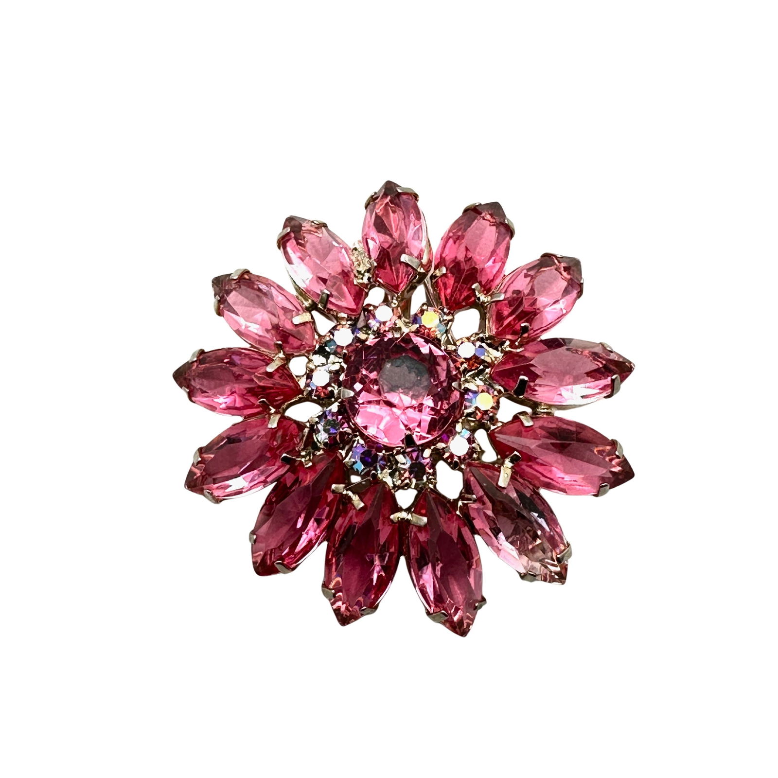 Vintage Pink Glass Rhinestone Gold Tone Flower Brooch Pin 2 Inch (1 of 2)