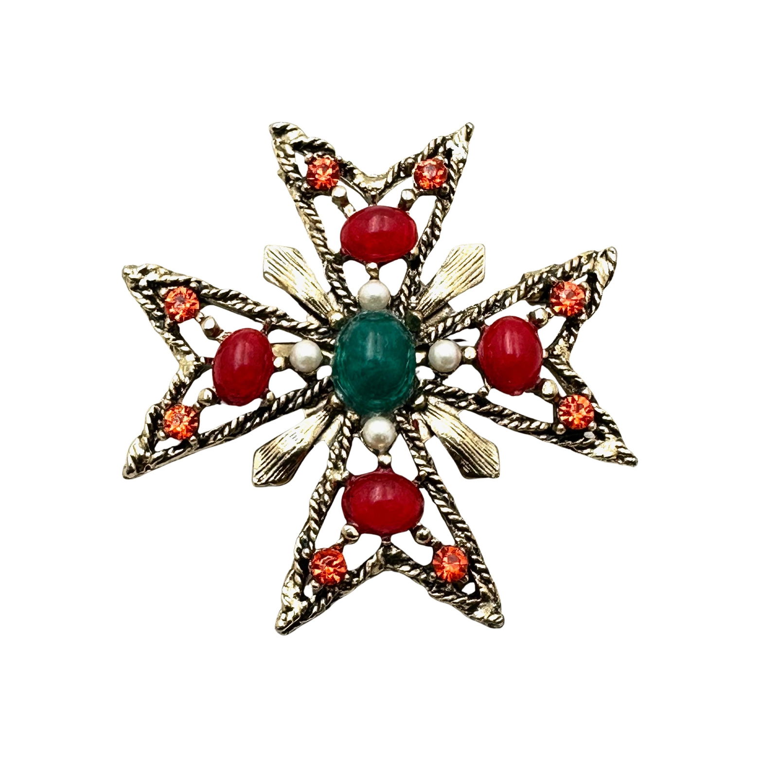 Vintage Multicolor Maltese Cross Gold Tone Brooch Pin 2 Inch (1 of 2)